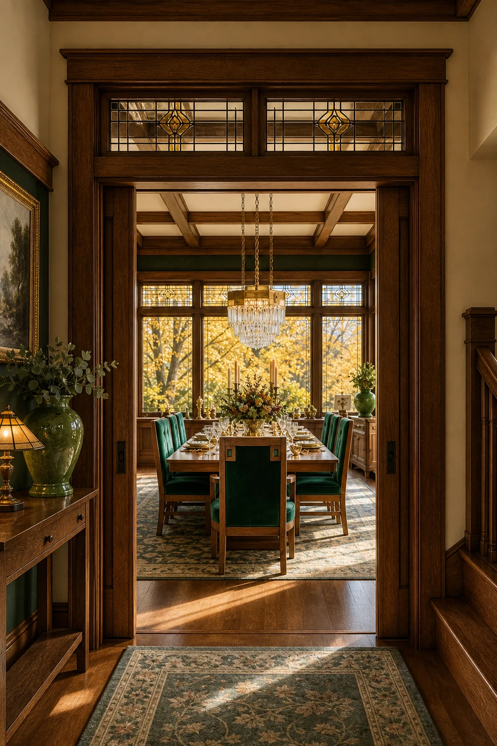 Threshold view looking through a strict oak doorway into an opulent dining room with emerald velvet