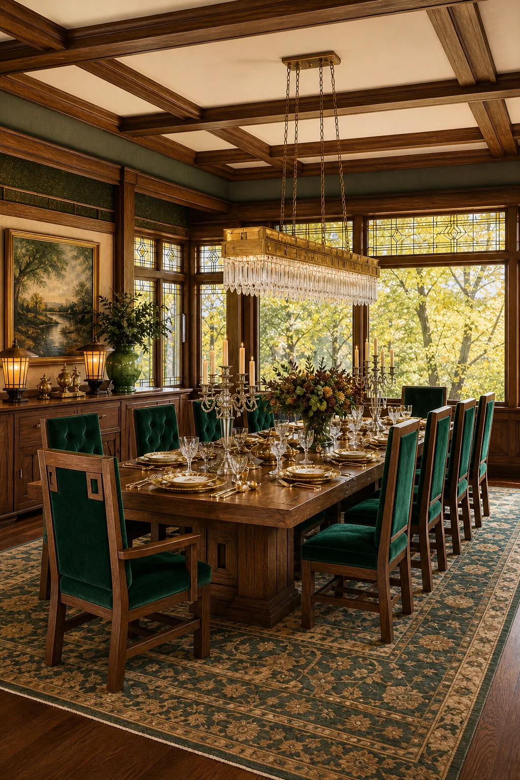 Generous wide-angle room view showing the massive oak architecture balanced with lavish chandelier and velvet seating