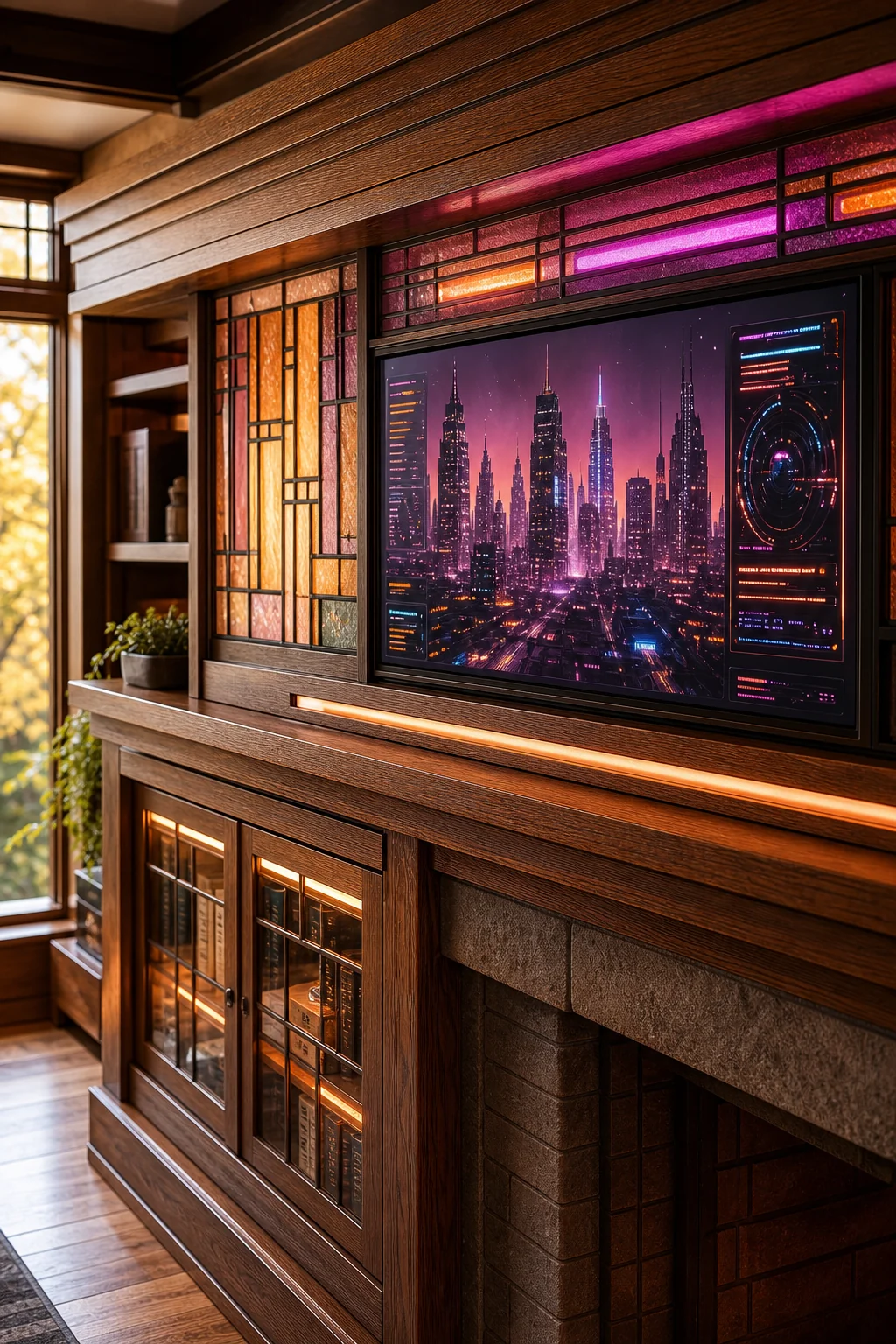 Close-up of a quarter-sawn oak built-in cabinet with a flush-mounted matte data screen.