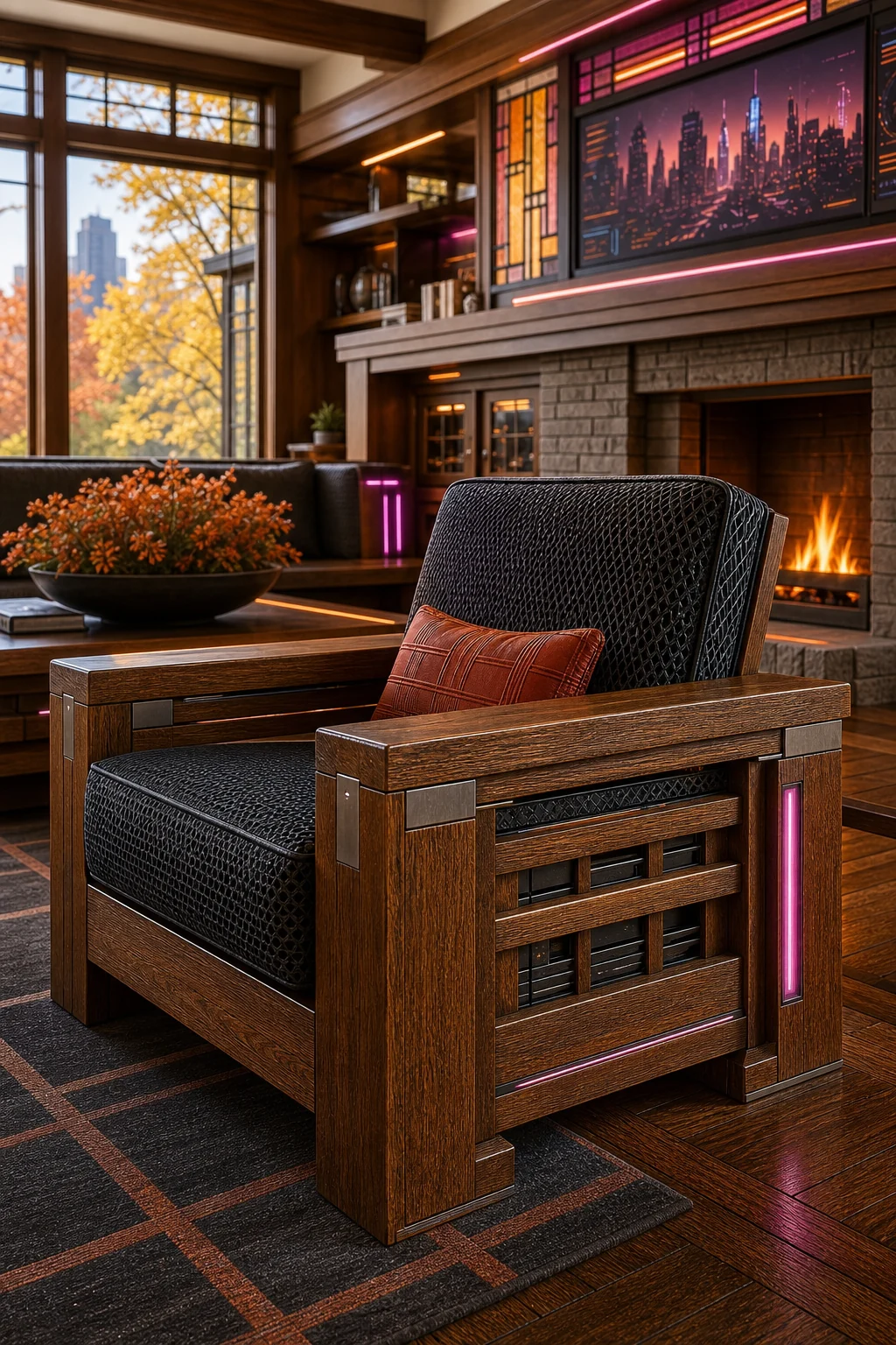Detail shot of a heavy oak armchair upholstered in breathable synthetic mesh with aluminum hardware.