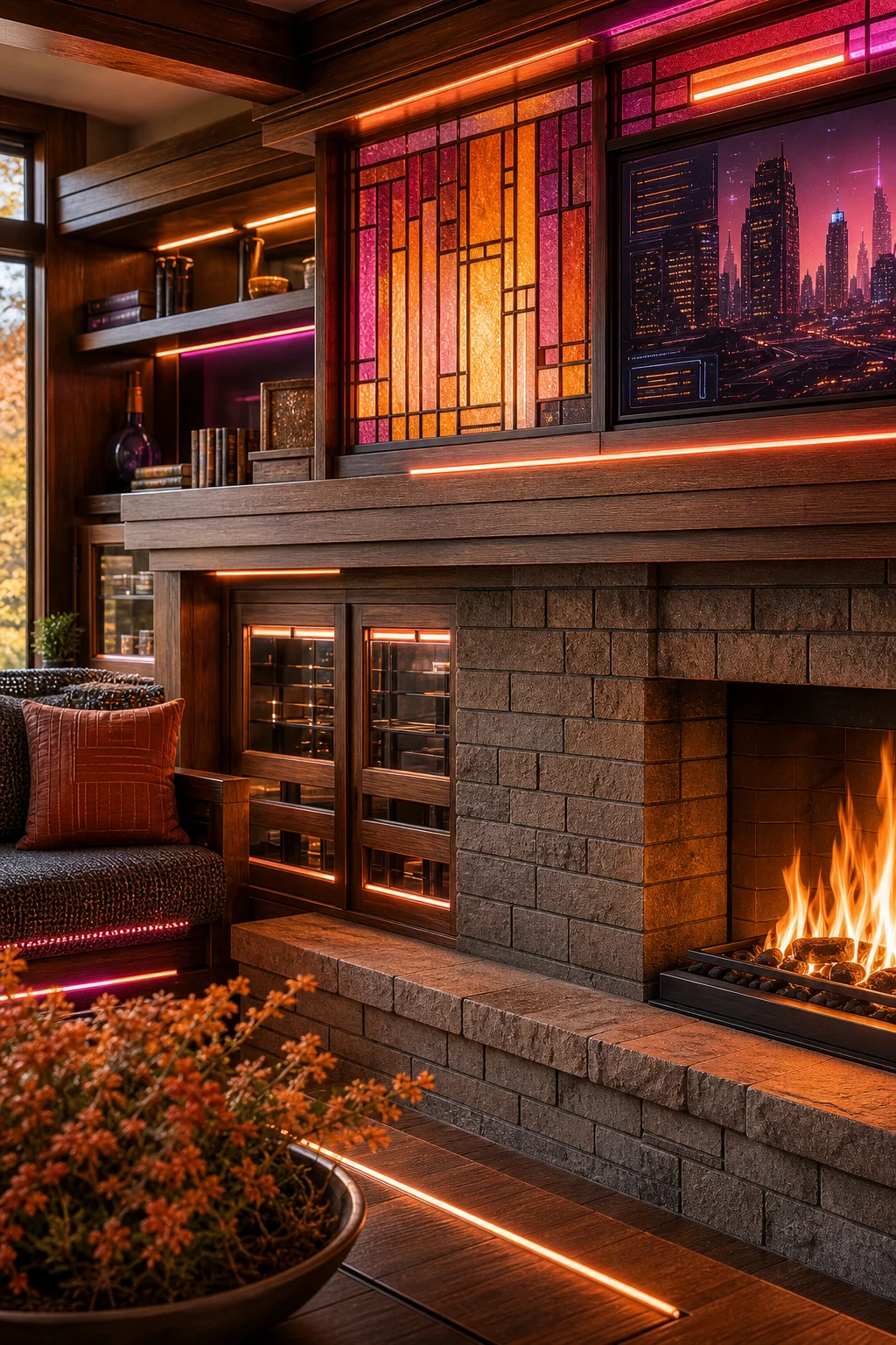 Medium shot of a Roman brick fireplace mantel intersected by amber LED acrylic strips.