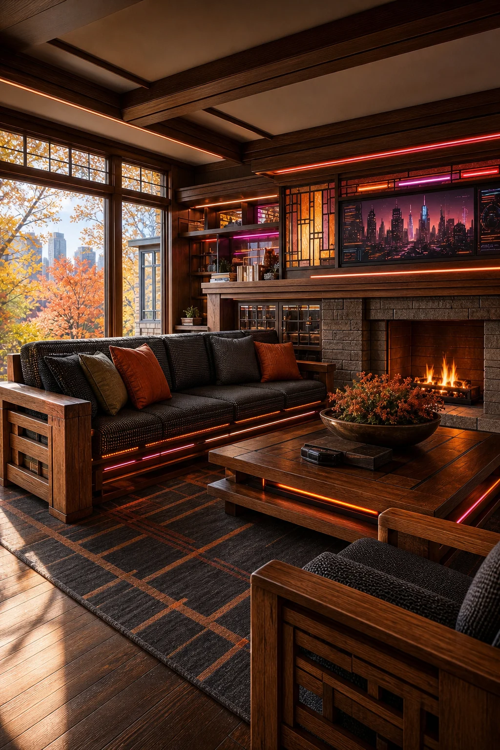 Generous seating area with a low-slung oak sofa, black textiles, and subtle neon-orange under-glow.