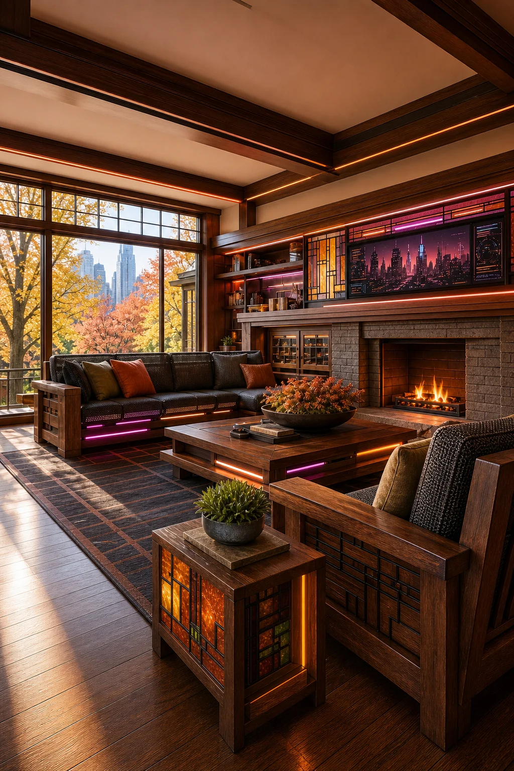 Wide view of horizontal oak windows revealing autumn foliage, traced by integrated ambient lighting.