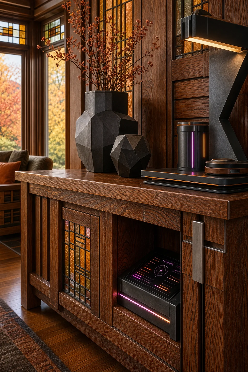 Close-up of an oak console table styled with matte black objects and a glowing tech interface.