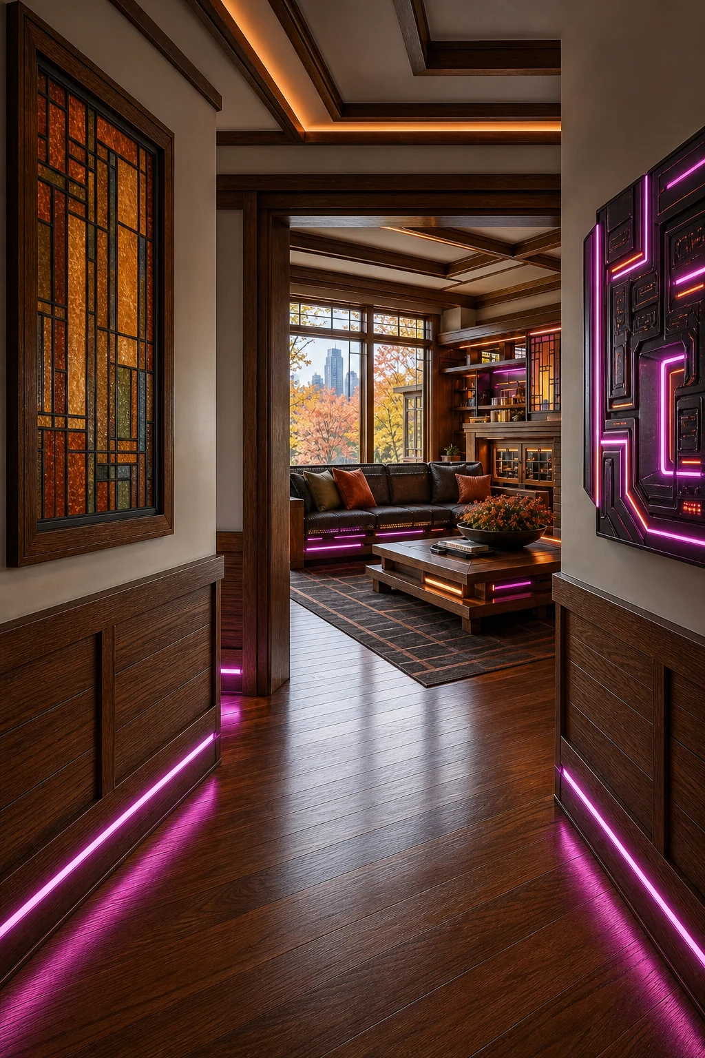 View down a hallway showing horizontal oak wainscoting with a flush-mounted magenta LED baseboard.