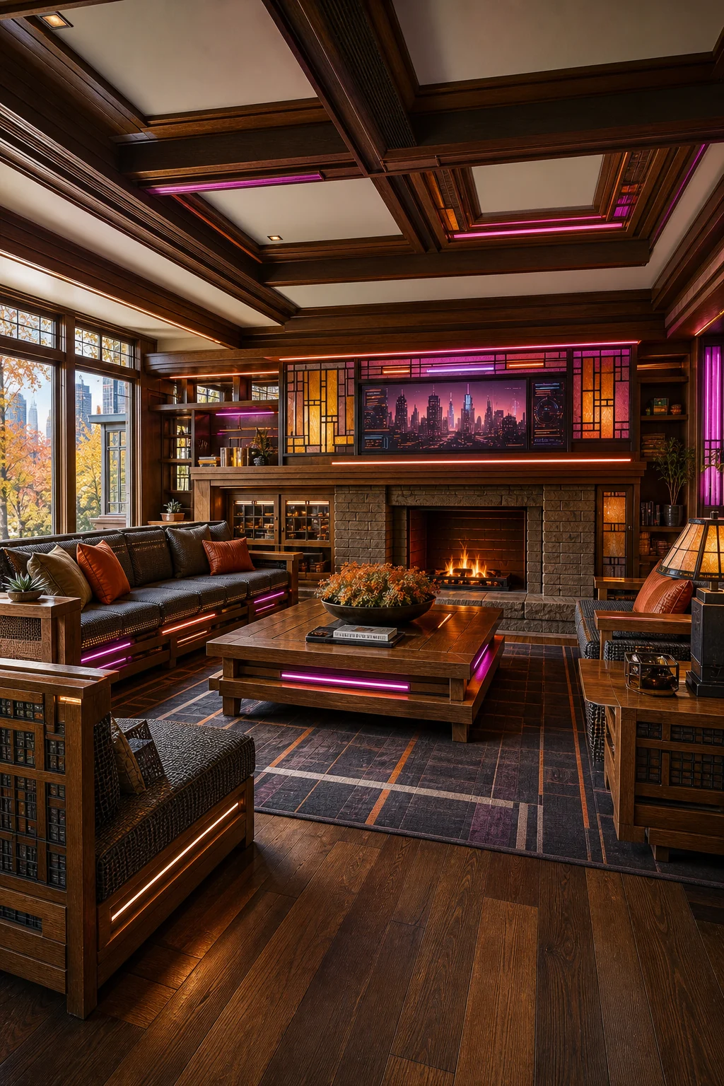 Full room view looking across an oak coffee table toward the fireplace, showing balanced integration.