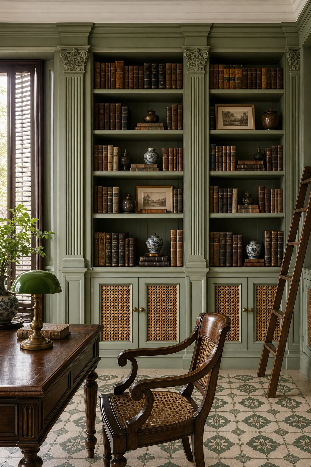 Floor-to-ceiling celadon green bookcases with classical moldings and woven rattan lower cabinet panels.