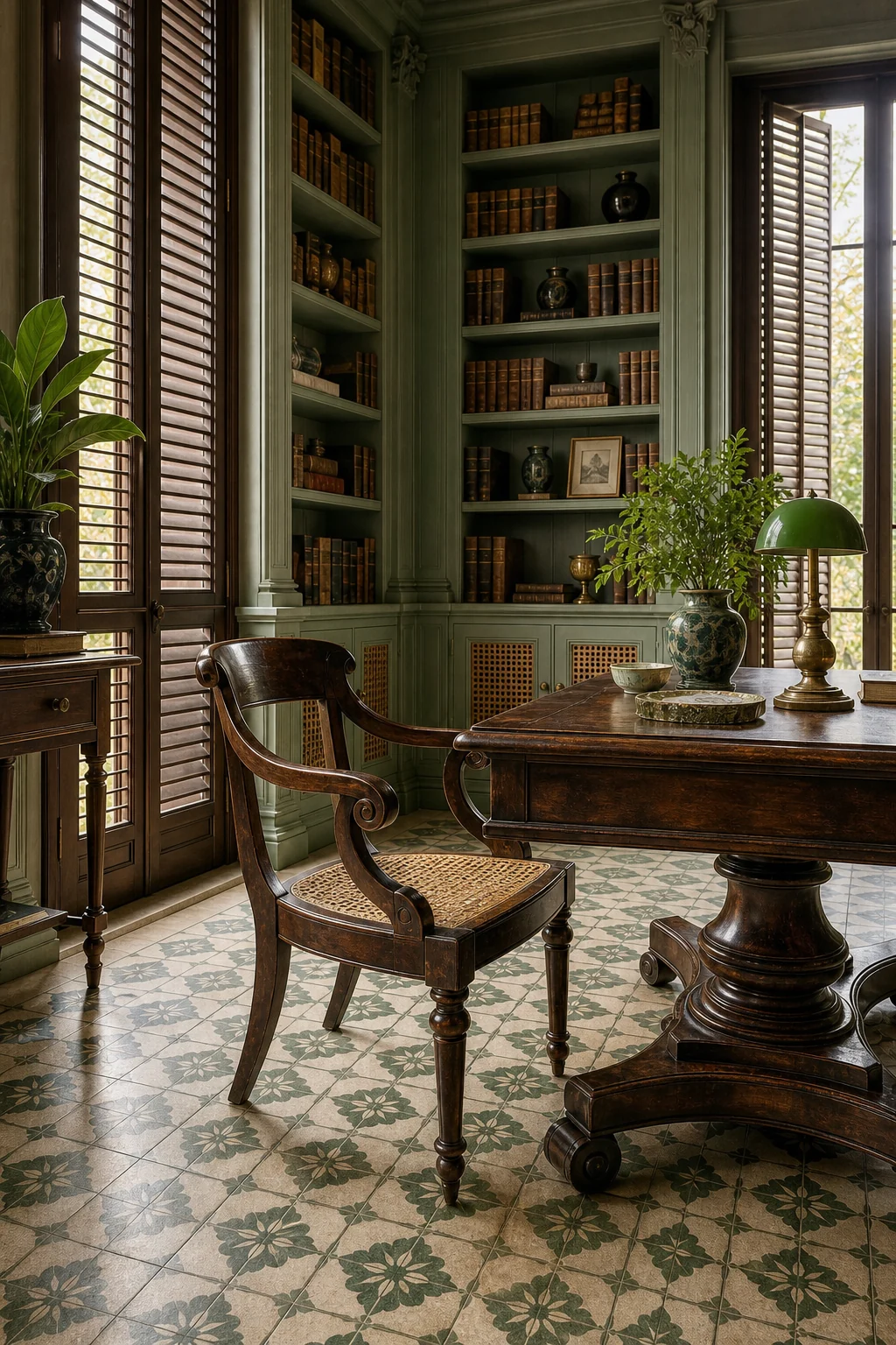 Dark wood louvered shutters and antique encaustic cement floor tiles meeting the base of a carved teak desk.