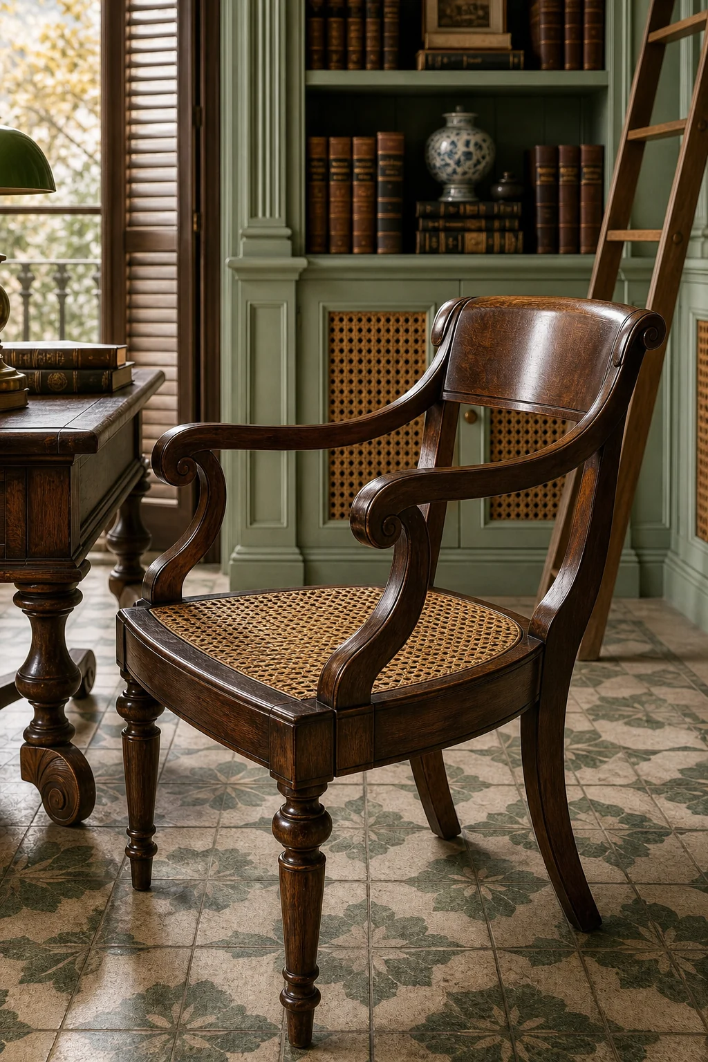 Close-up of a Regency saber-leg chair crafted from dark tropical teak with a woven cane seat.