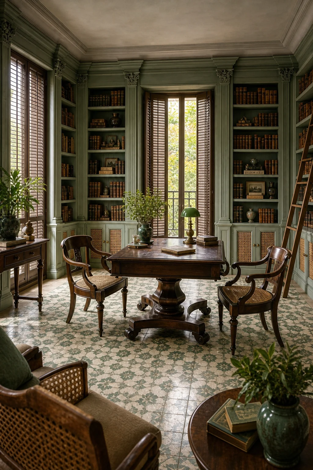 A formal dark teak pedestal desk and two caned saber-leg chairs centered on a patterned tile floor.