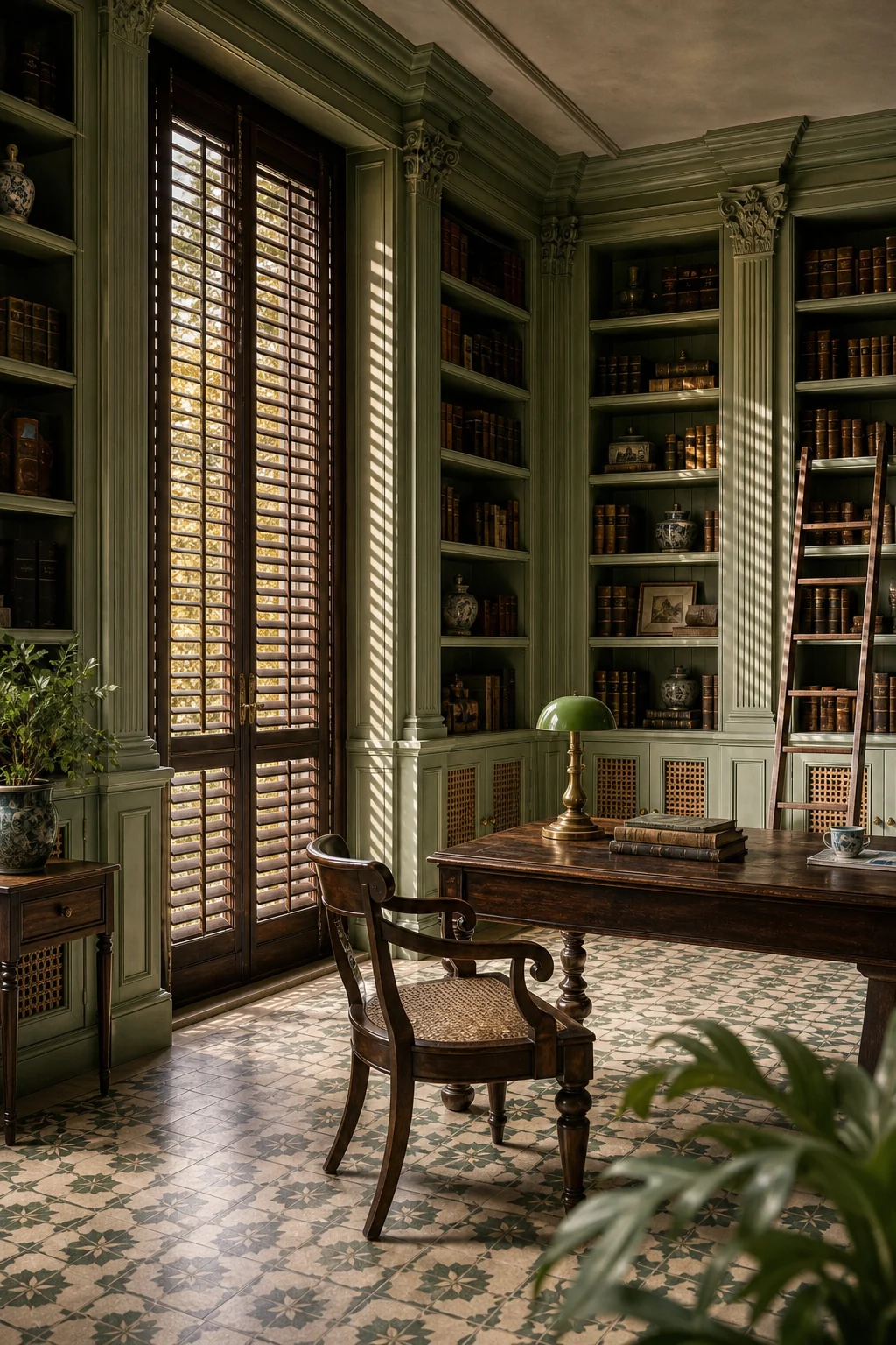 Golden autumn sunlight filtering through dark louvered shutters, casting linear shadows on celadon green built-in shelves.