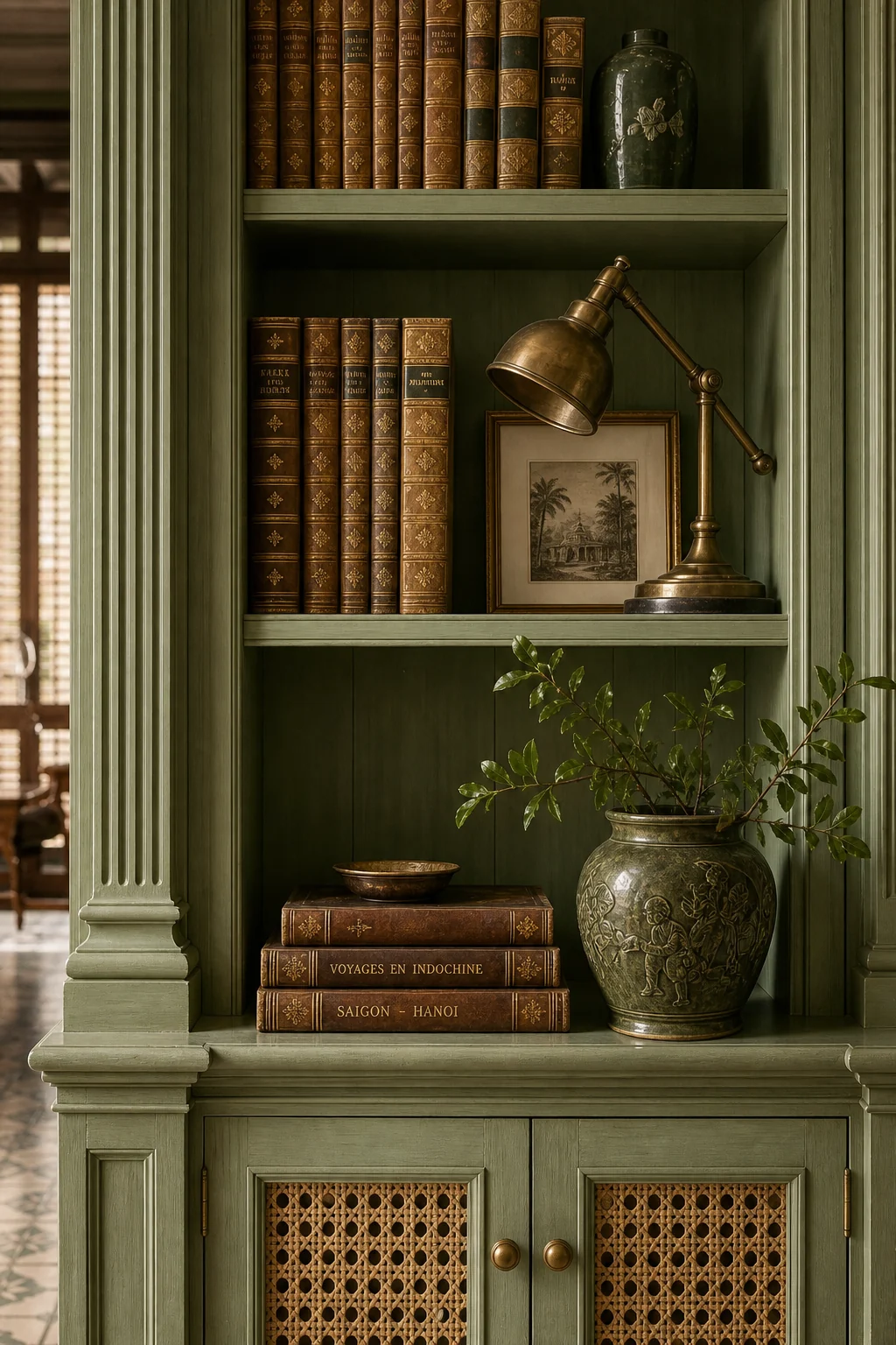A styled bookcase shelf with gold-tooled leather books, an aged brass lamp, and a green ceramic vase.