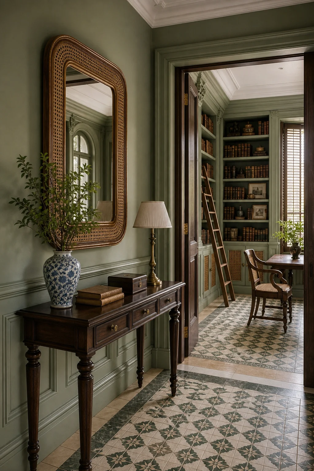 A transitional hallway space featuring patterned floor tiles, a dark teak console, and a woven rattan mirror.