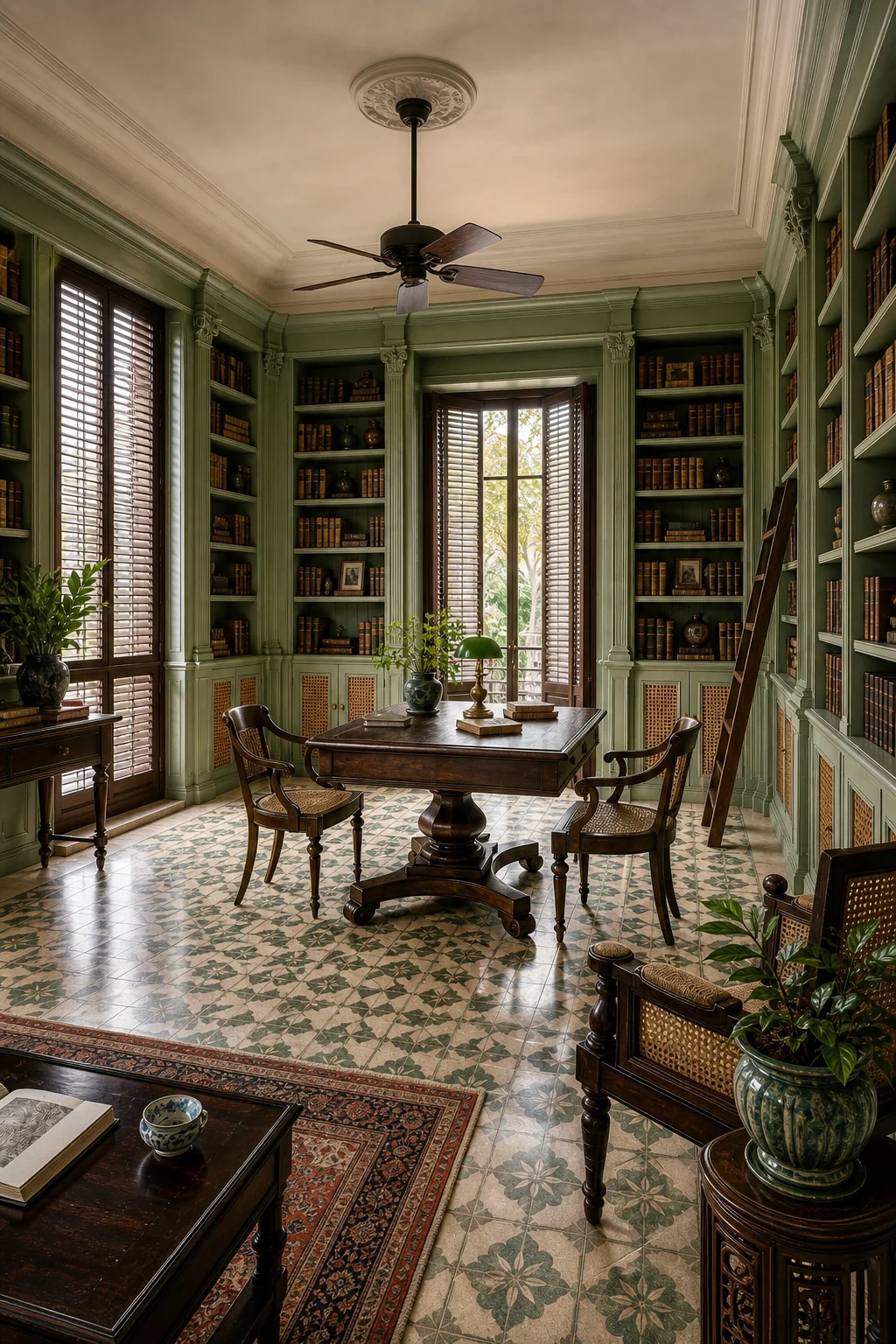 Wide view of the library showing symmetrical green bookcases, louvered shutters, teak furniture, and patterned tiles.