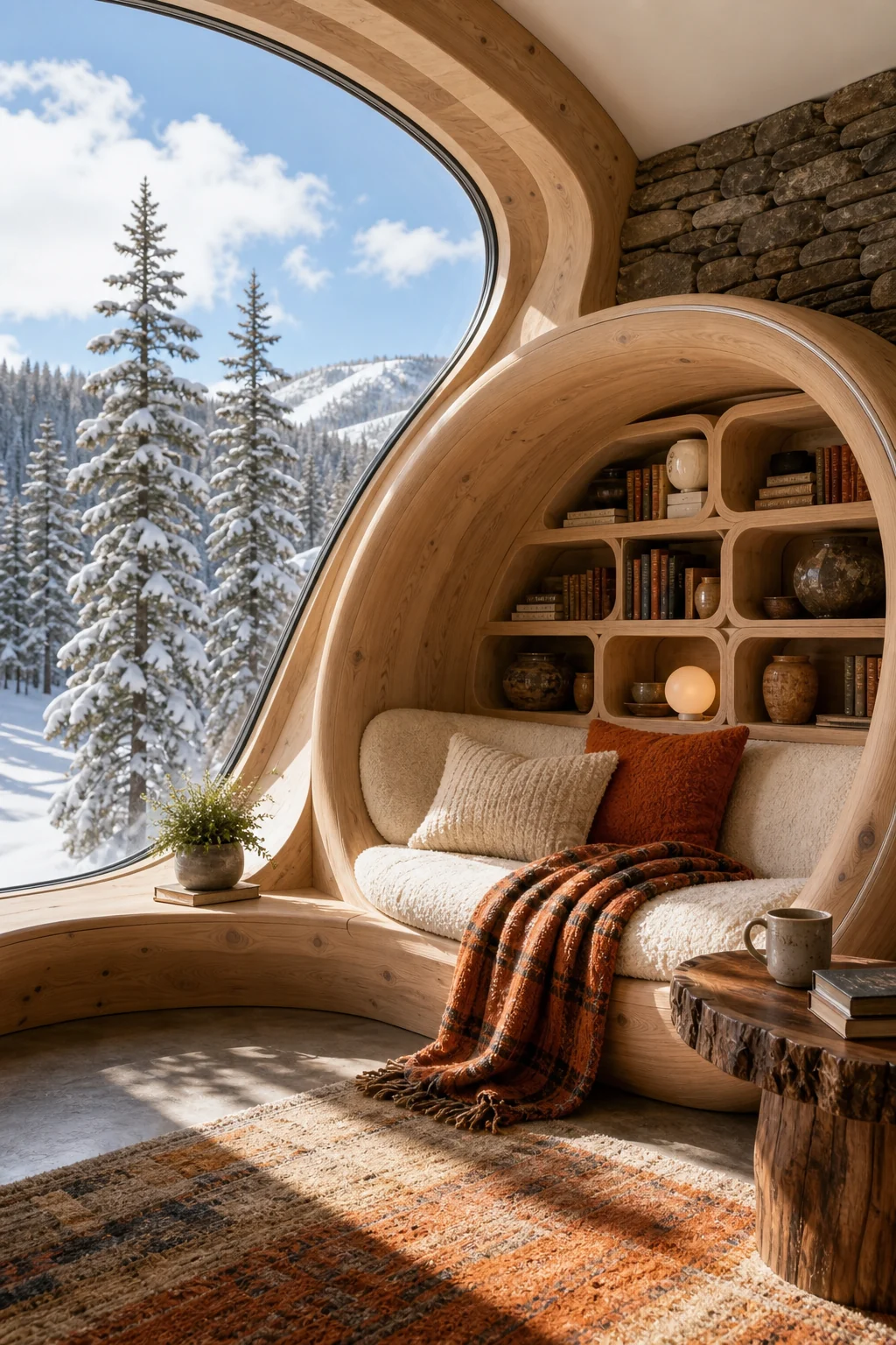 A sweeping curved glass window seat built from warm pine