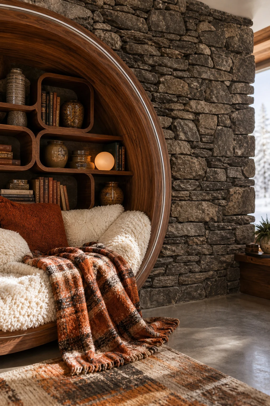 Close-up of rough stacked stone meeting a curved walnut shelf draped in shearling