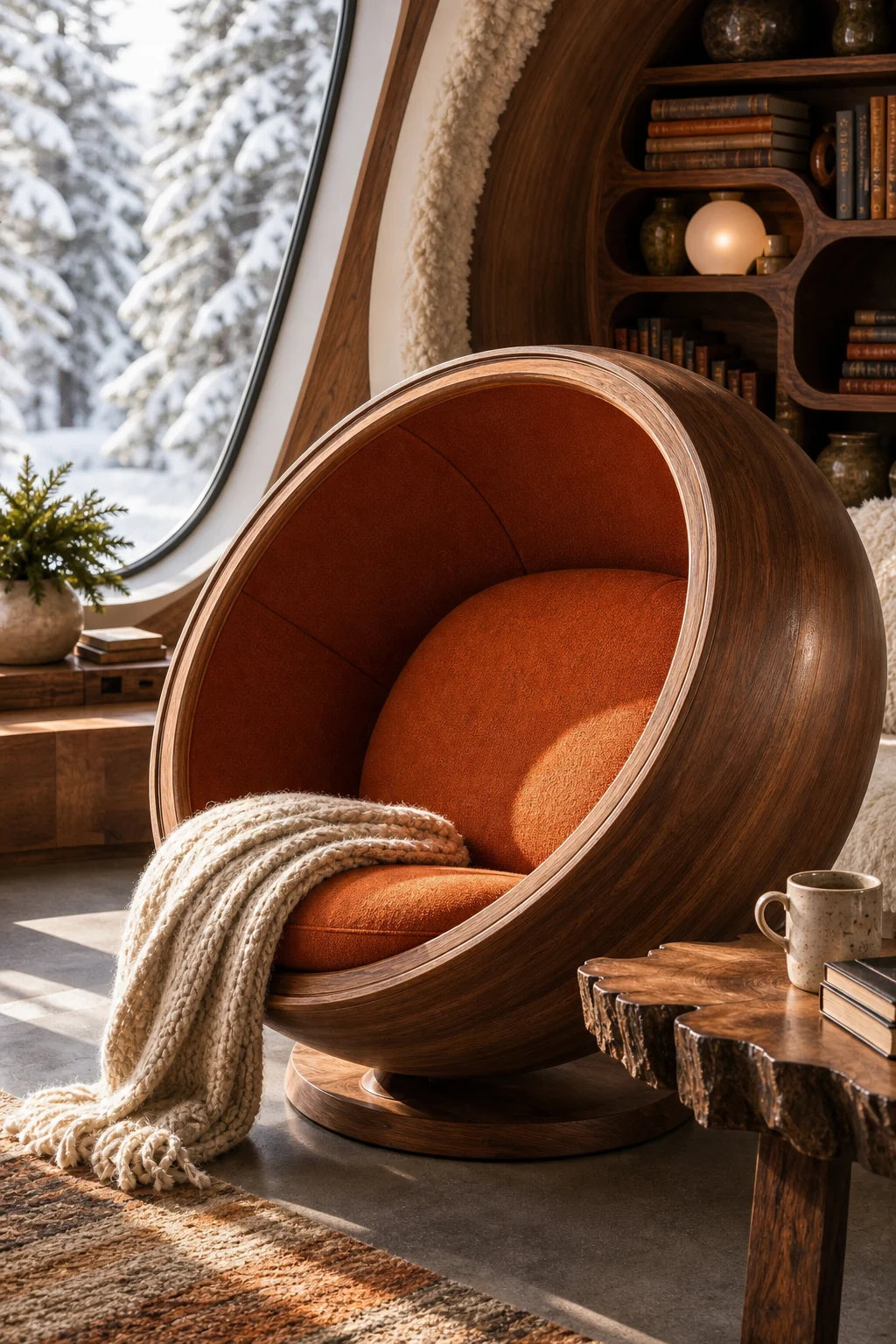 A bent walnut pod chair upholstered in burnt orange wool