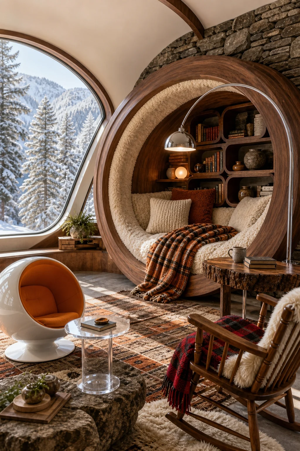 Massive circular built-in reading pod lined with shearling and plaid