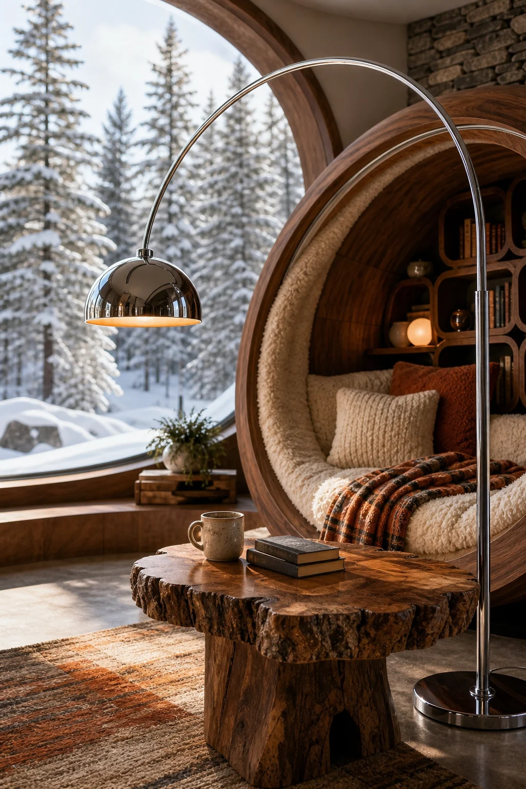 Chrome arc lamp shining over a rustic live-edge wood table