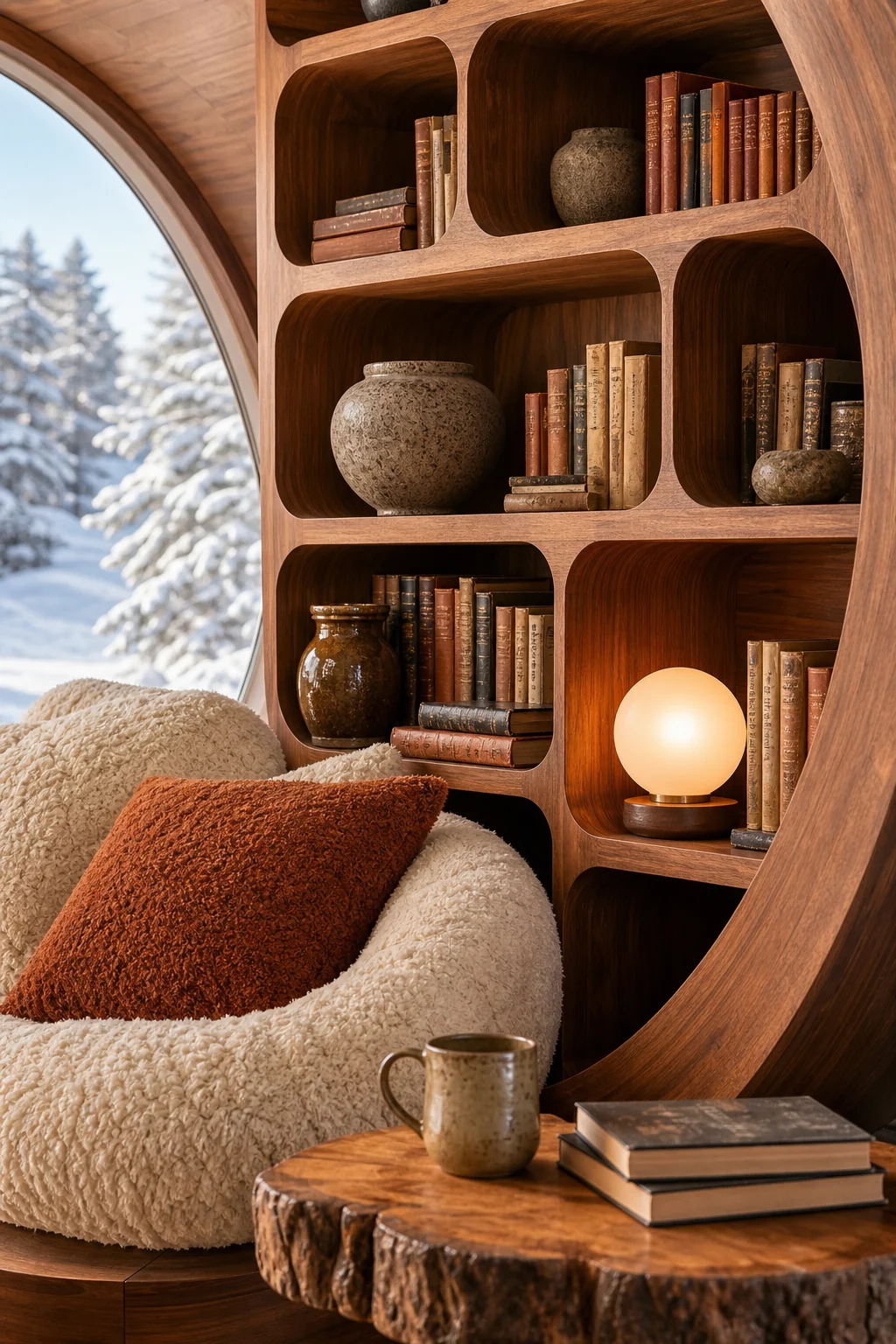 Modular rounded shelving displaying rustic stone pottery and vintage books
