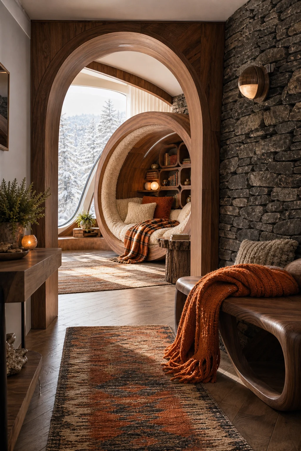 Curved timber archway and bench in a stone hallway