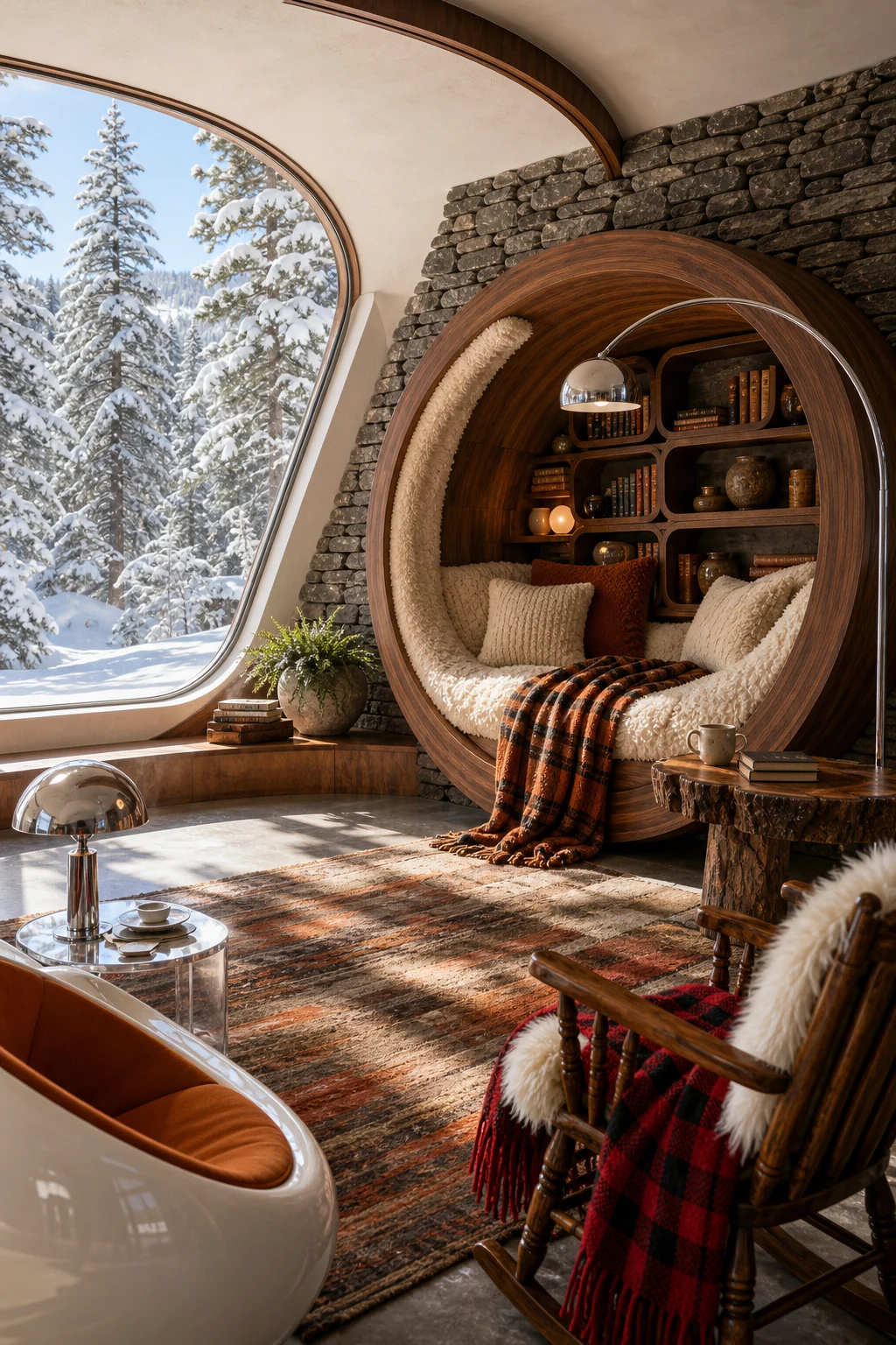 Wide view of a balanced room blending curved wood and stacked stone