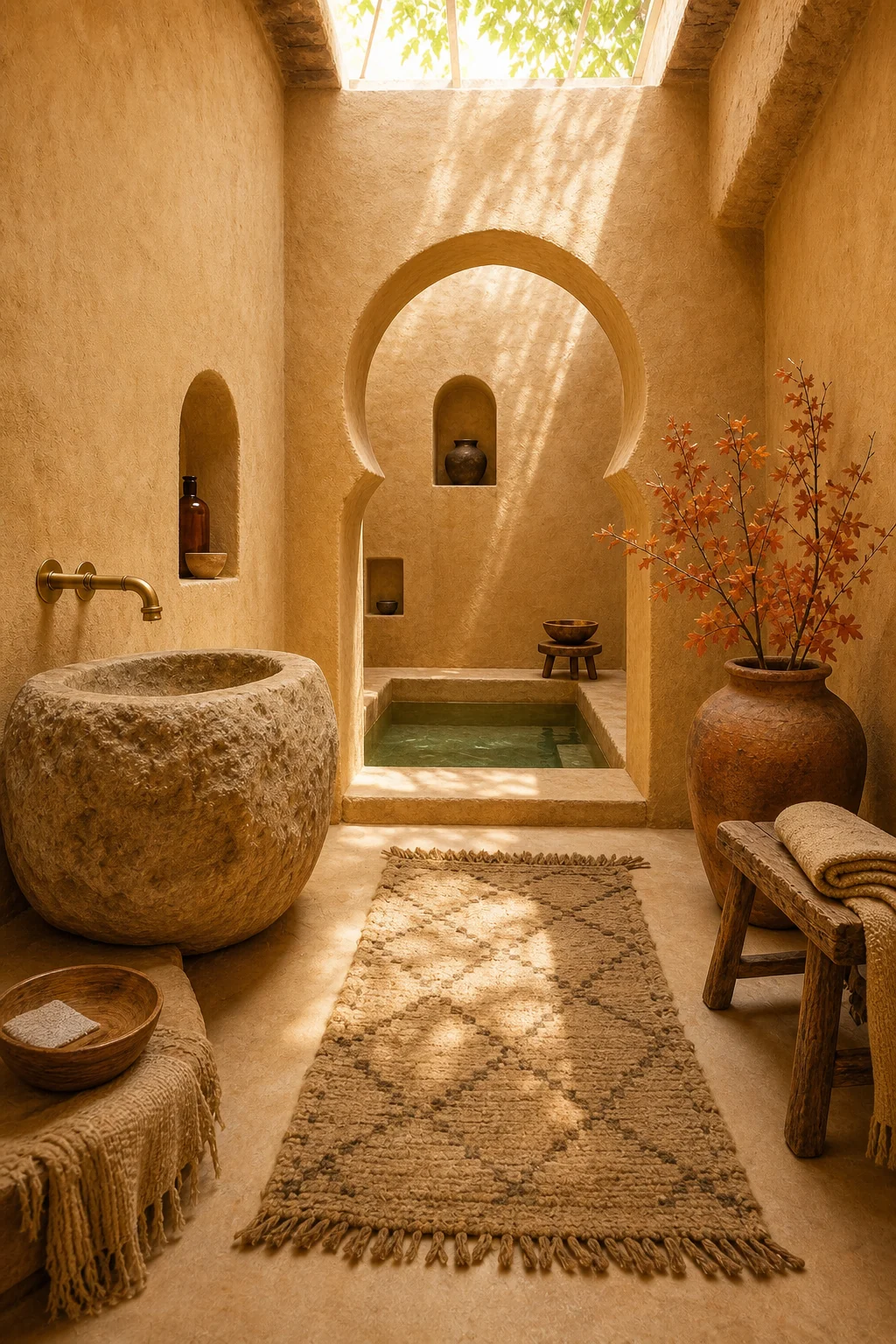 A refined horseshoe archway framing a crude wooden stool in an ochre plaster bathroom