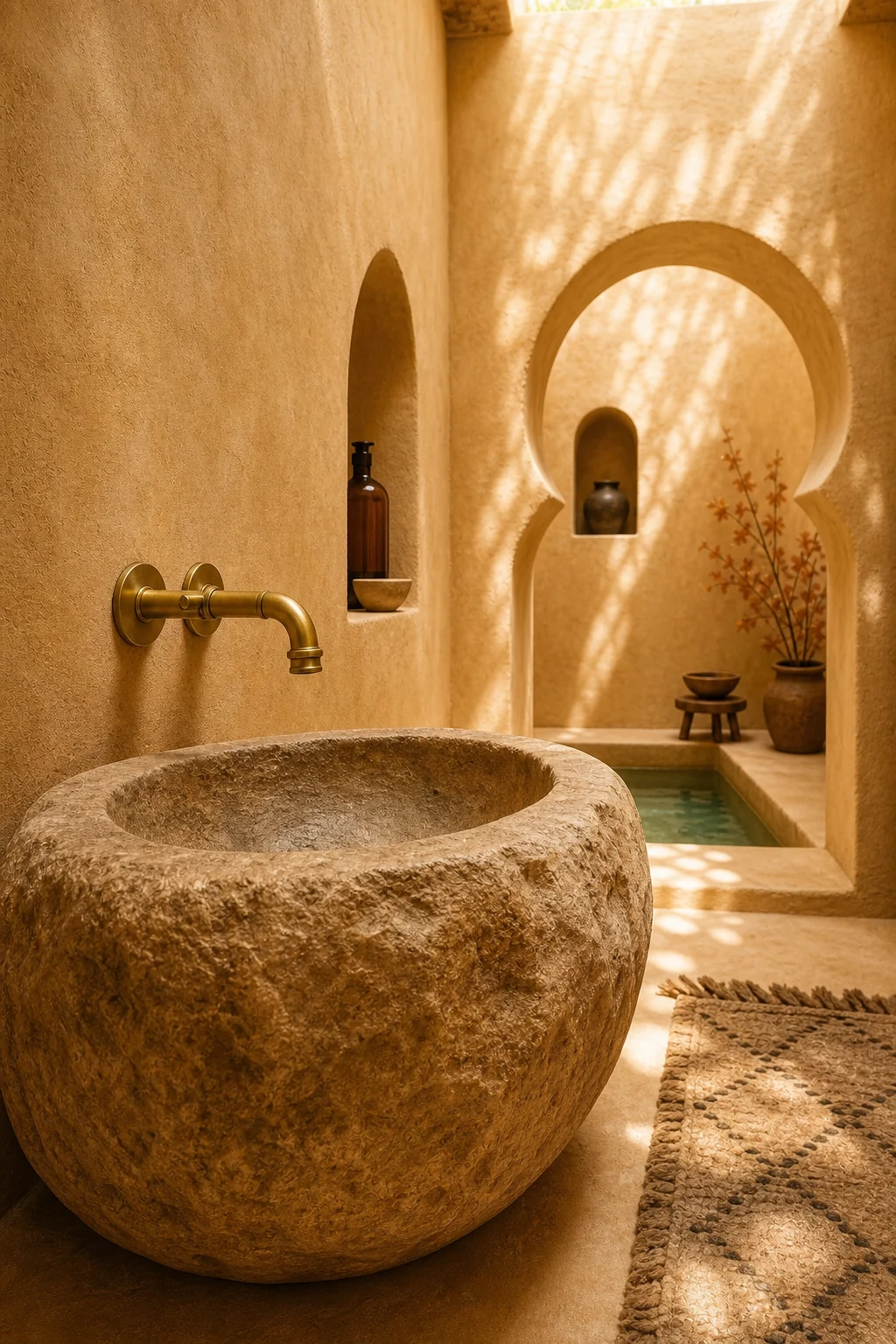 Close-up of a megalithic stone sink basin with a polished brass wall-mounted tap