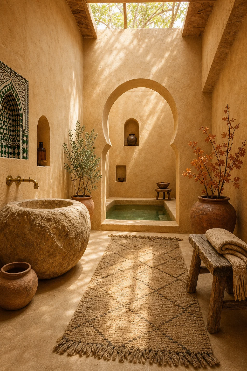 A sunken architectural bathing pool next to a crude hand-carved wooden bench