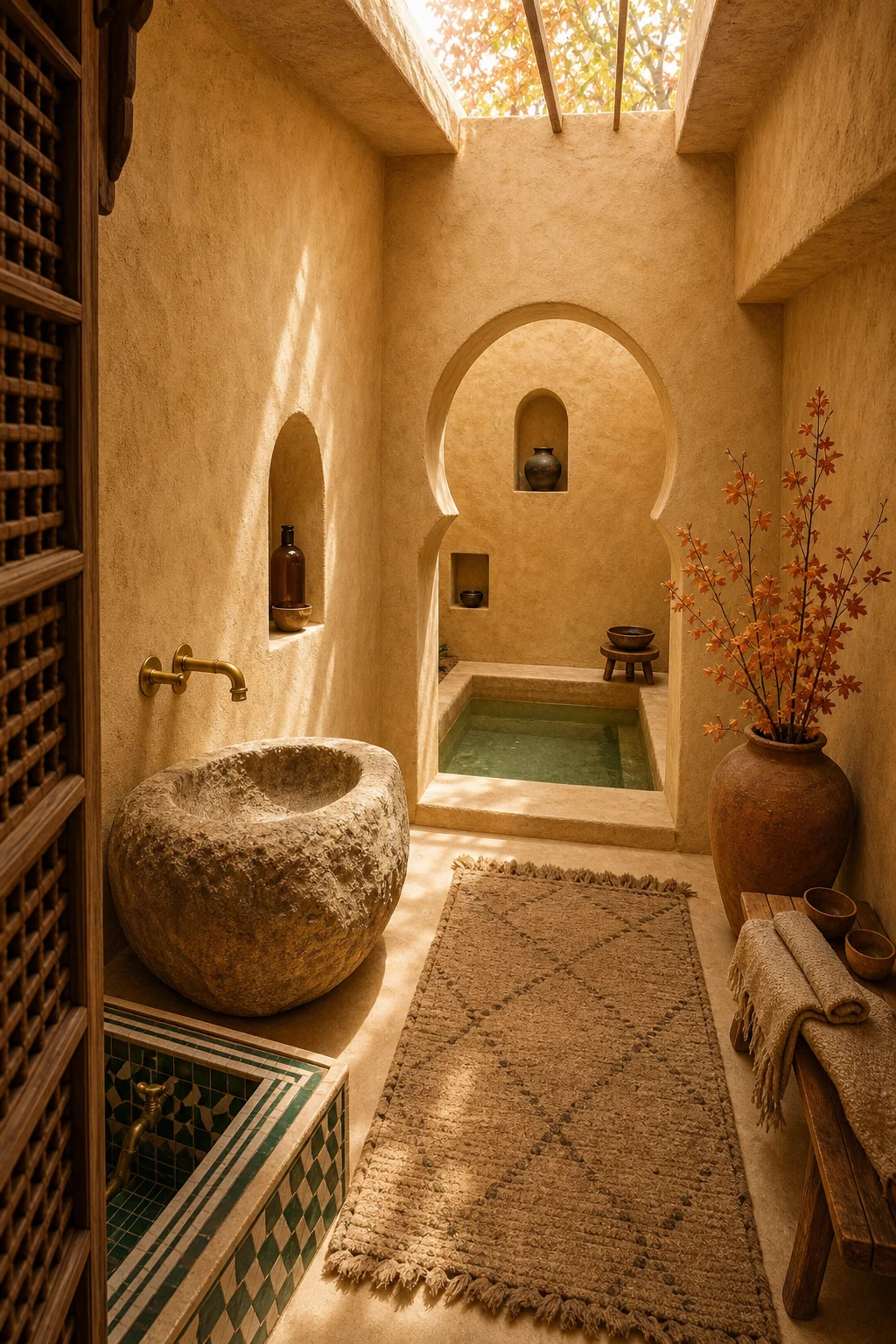 High-angle shot showing a skylight casting soft golden light onto a raw stone basin