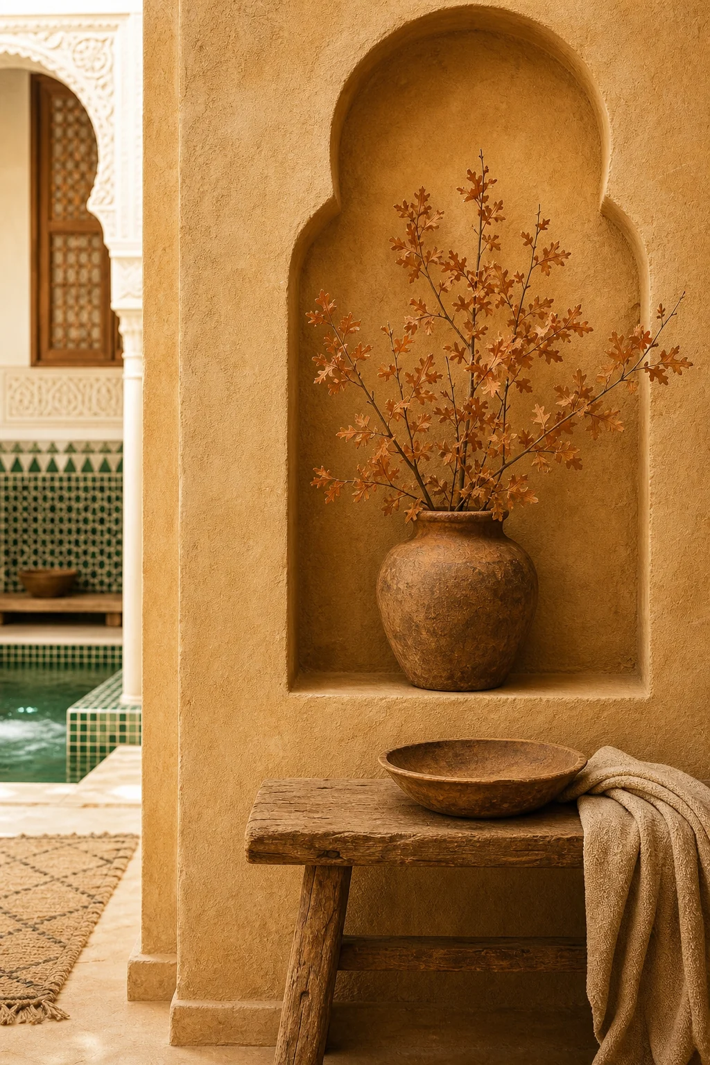 A traditional built-in wall niche holding an unglazed earthen vessel and dry oak branches