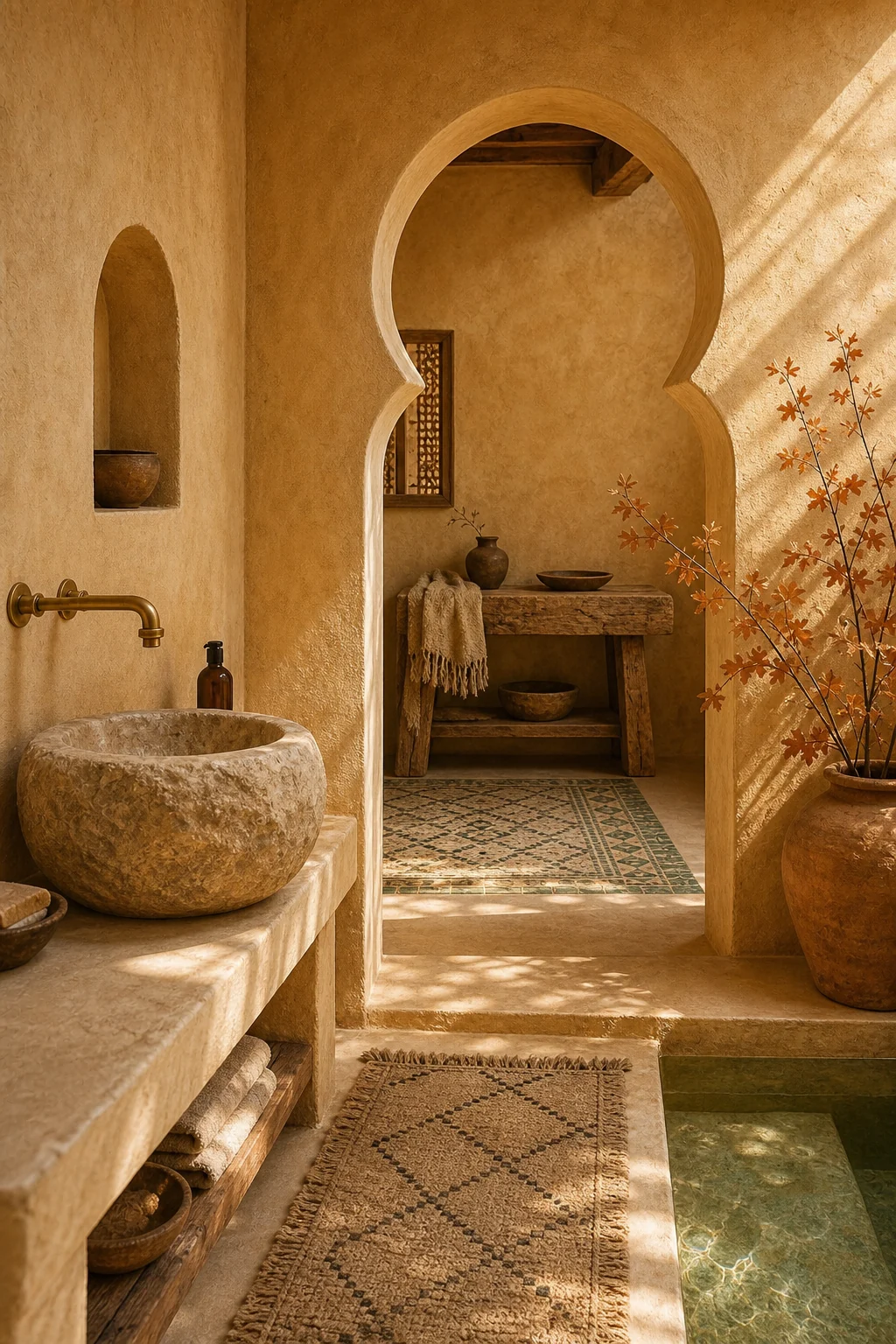 An arched doorway leading to a dressing area with a heavy timber console