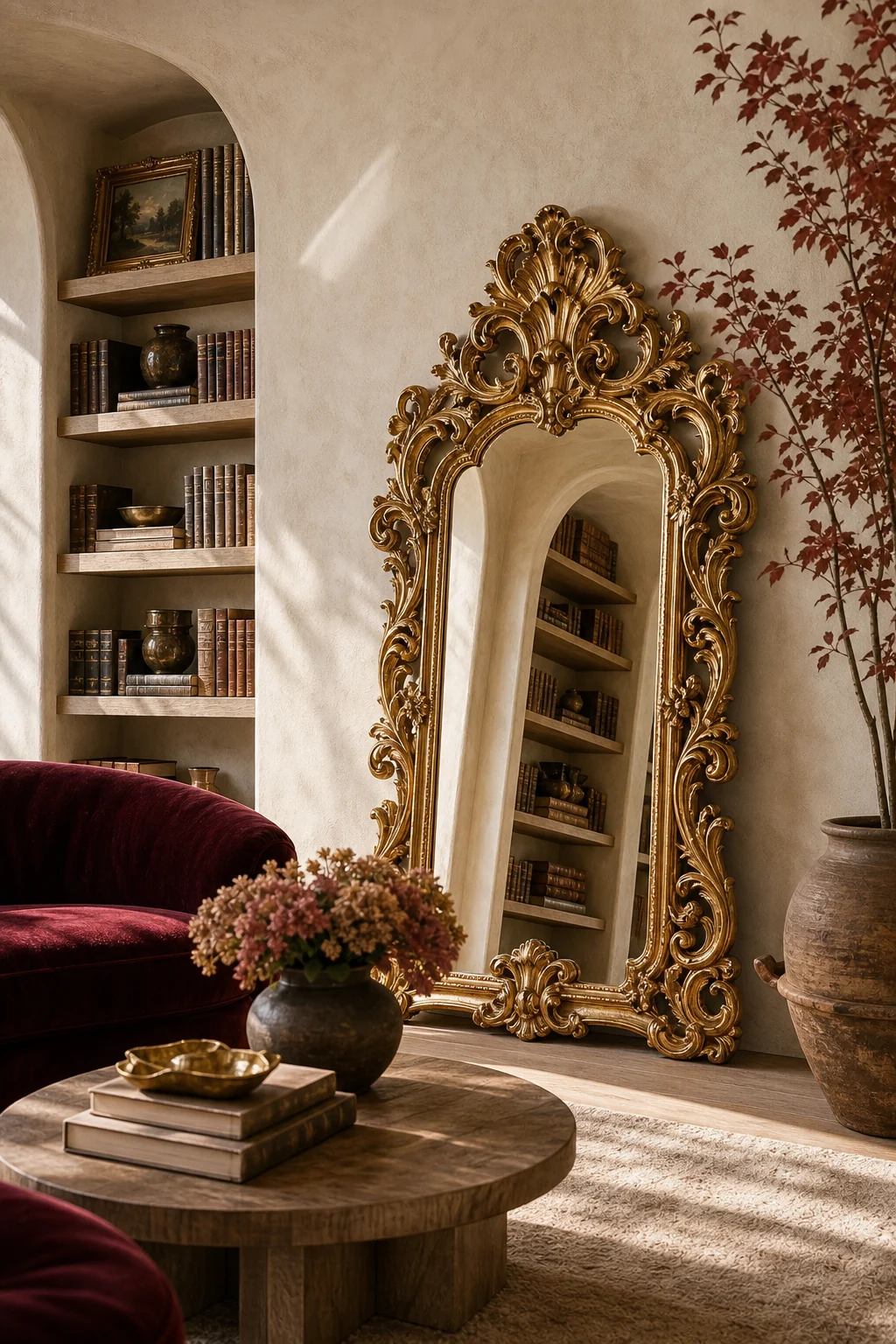 A heavily carved gilded baroque mirror frame resting against a soft, hand-troweled raw plaster wall in a bright library.