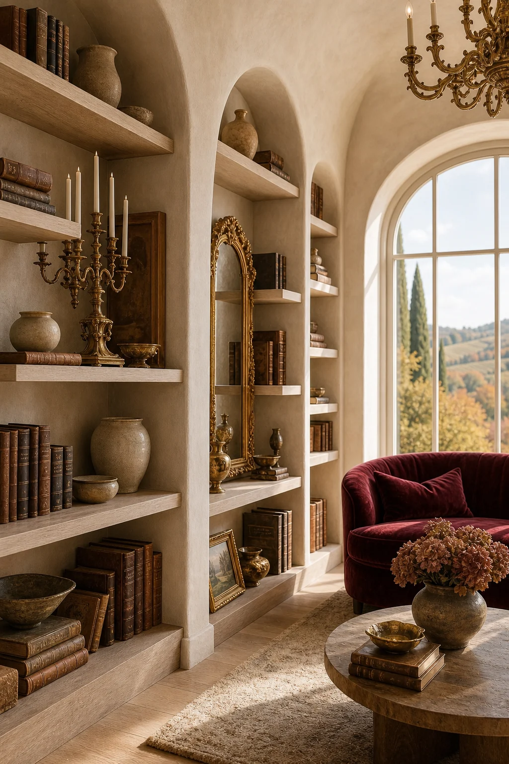 Curvilinear built-in library shelving made of matte bleached Tuscan chestnut holding a mix of antique brass and minimalist ceramics.