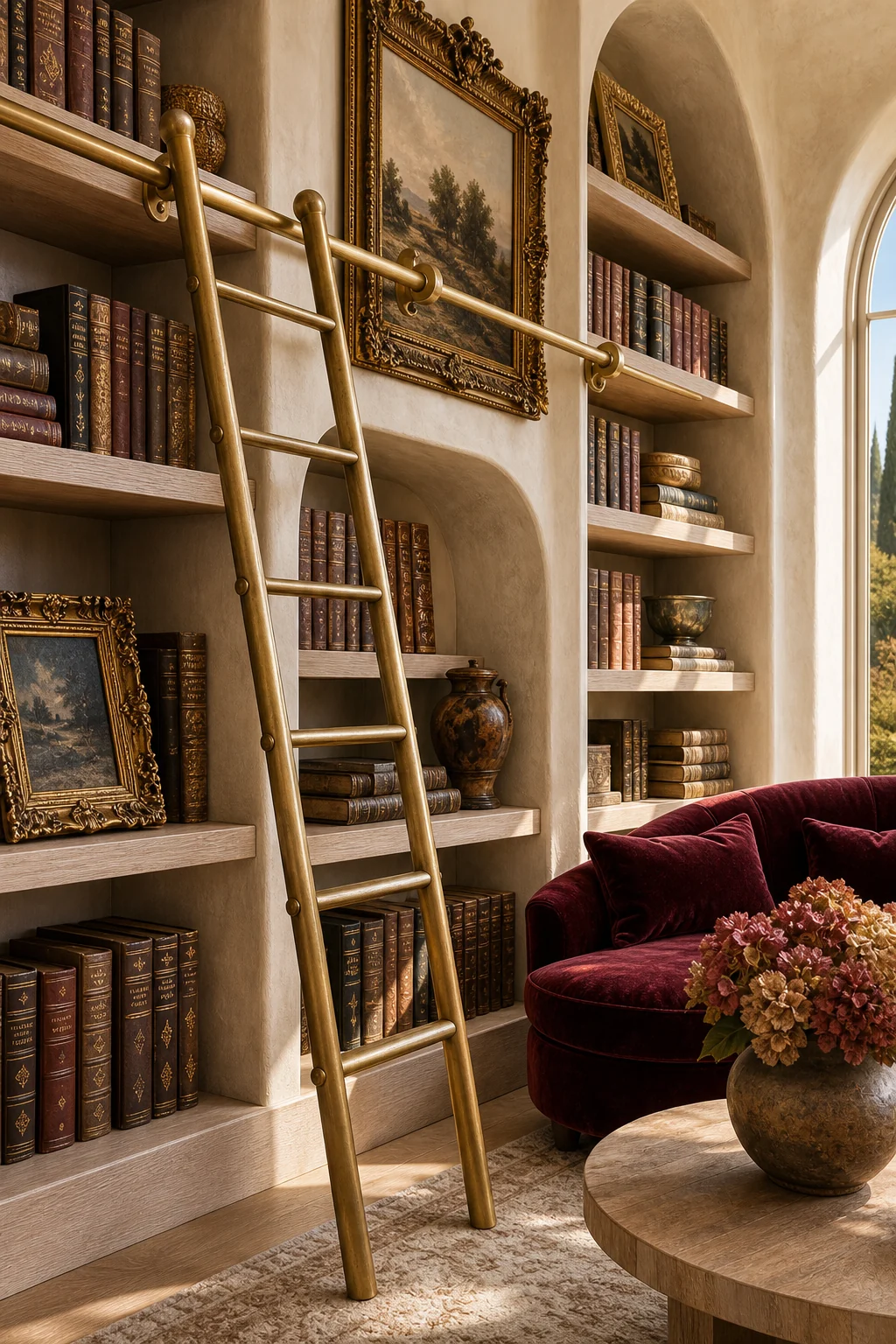 An unlacquered brass library ladder leaning against matte bleached wood shelves filled with leather-bound books.
