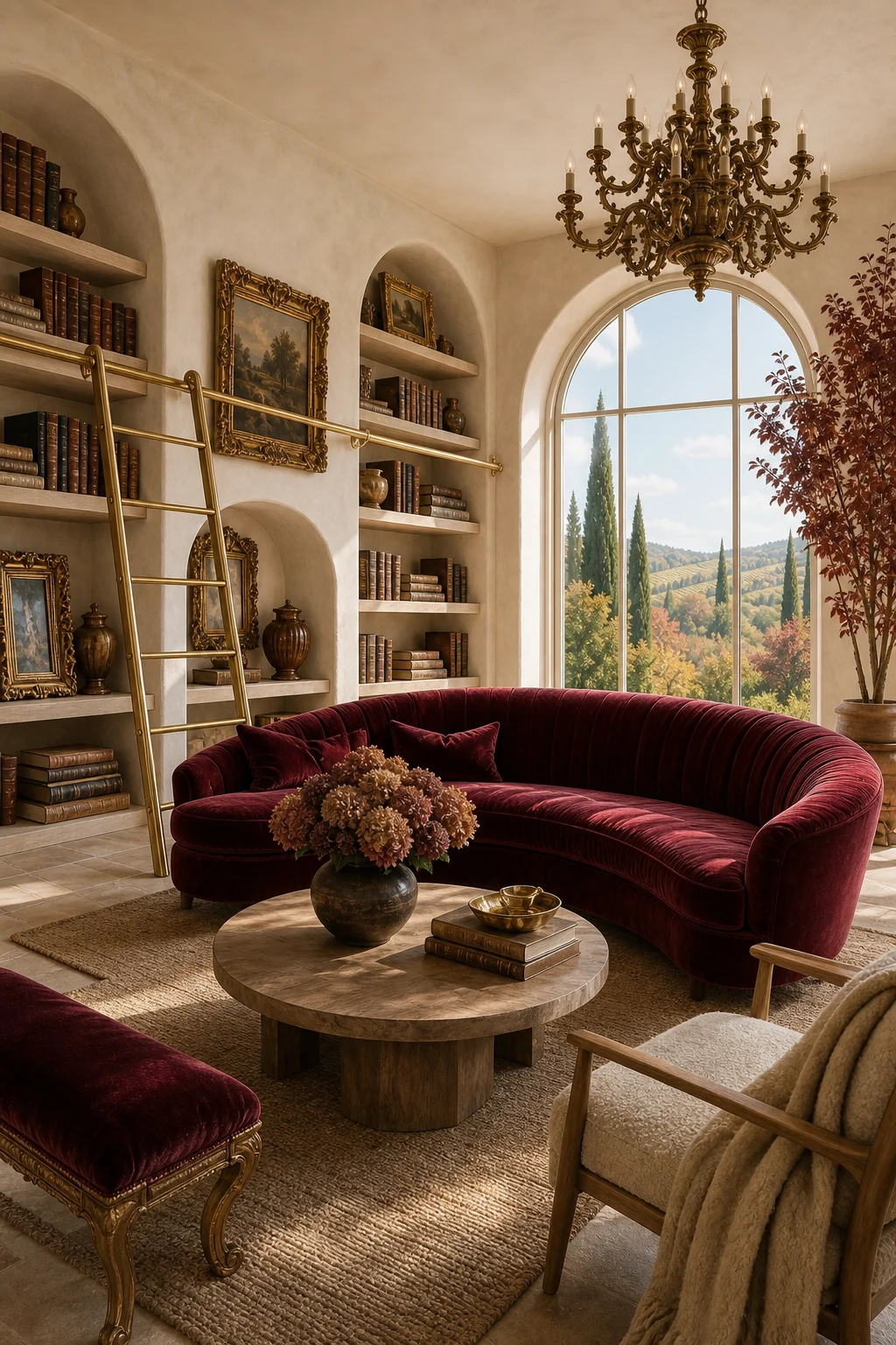 A deep burgundy silk-velvet curved reading sofa sitting on a textured natural rug in front of built-in shelves.
