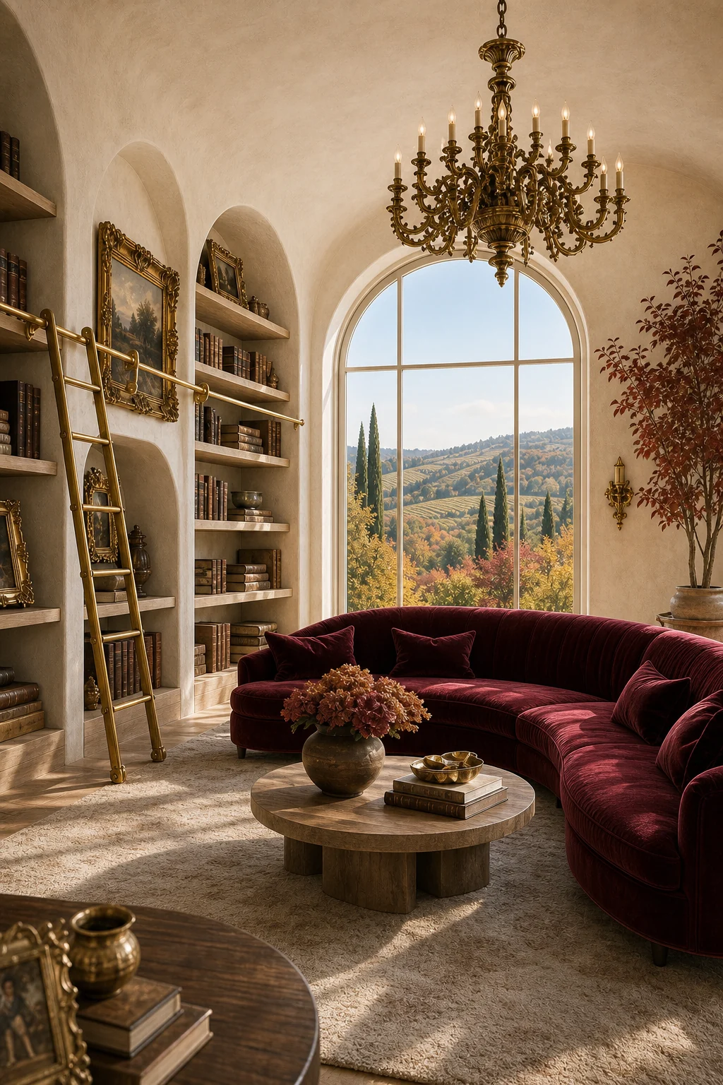 A large sweeping architectural arch window in a plaster wall revealing rolling Tuscan hills, with a heavy brass chandelier hanging nearby.
