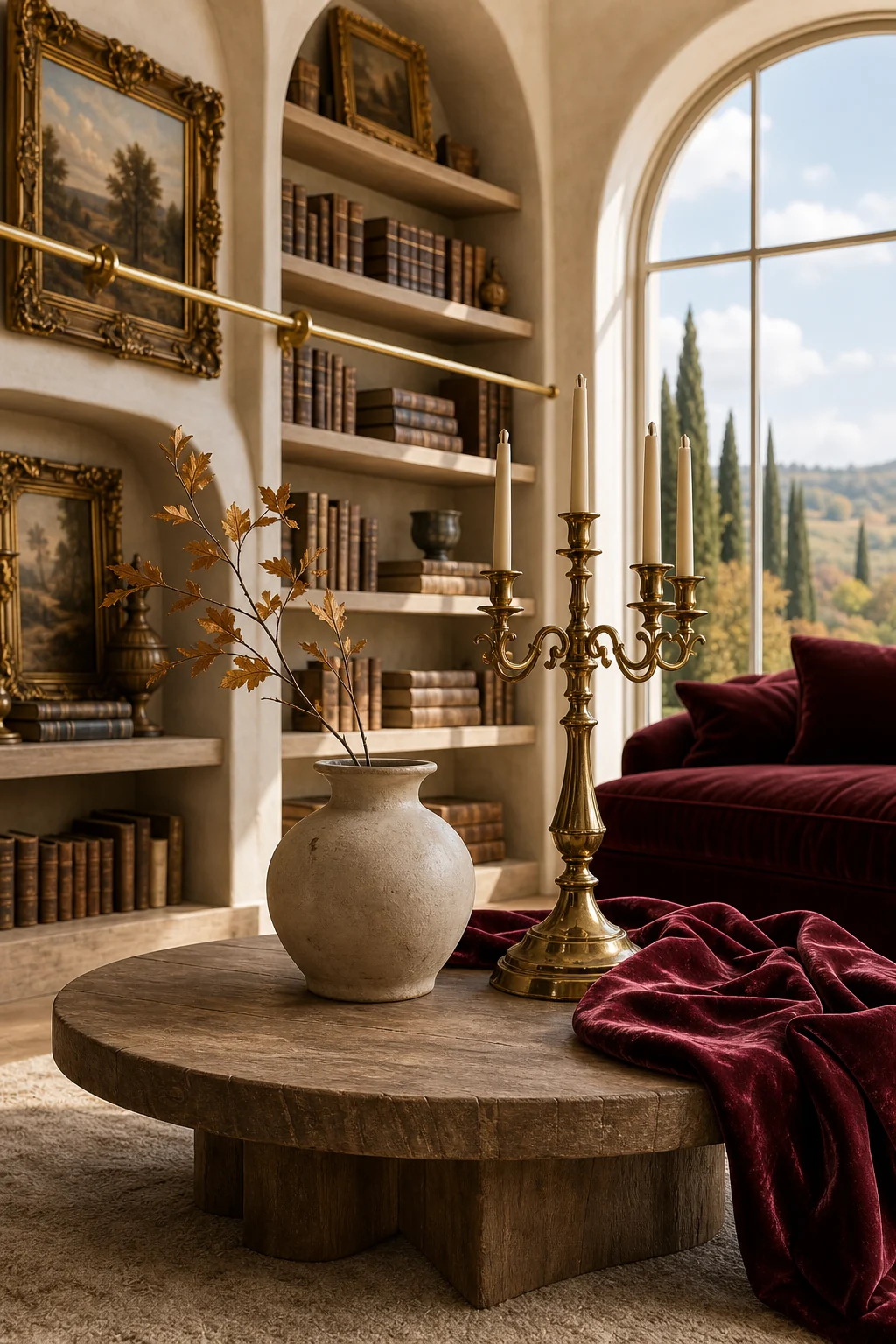 A close-up of a raw wood coffee table styled with a minimalist ceramic vase and a polished brass candelabra.