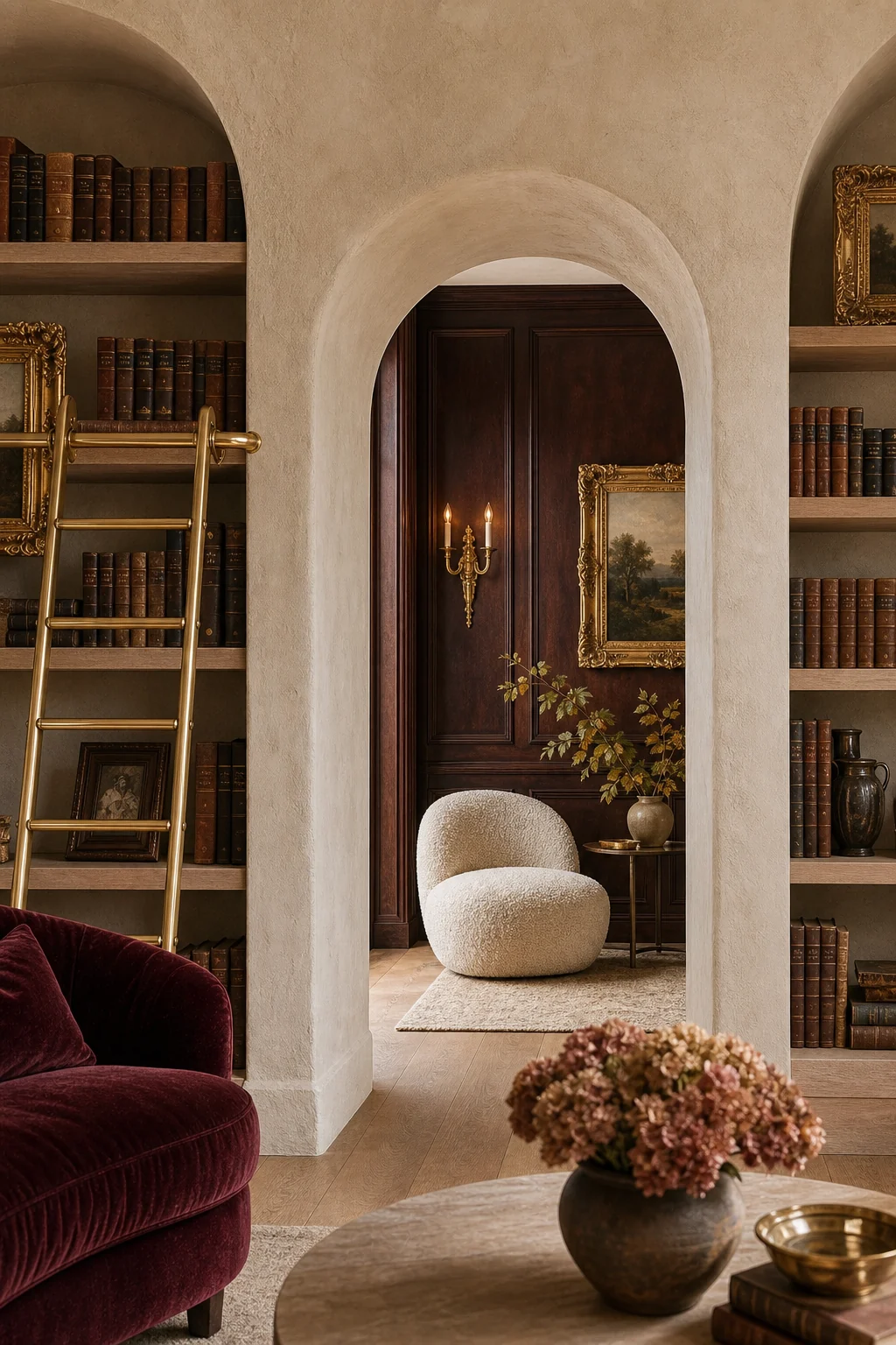 A raw plaster archway looking into a small reading nook featuring dark mahogany wainscoting and a bouclé chair.