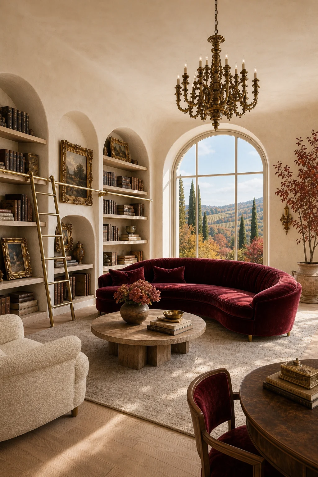 A wide, balanced view of the library showing curved plaster walls, bleached wood shelves, and deep burgundy velvet seating.