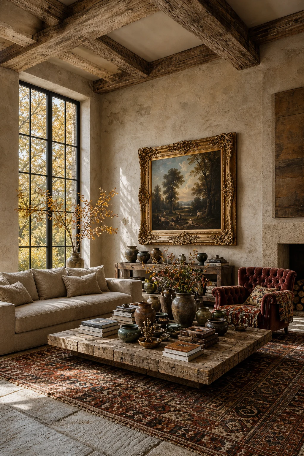 A massive raw oak beam and bare plaster wall displaying a single ornate gilded vintage oil painting.