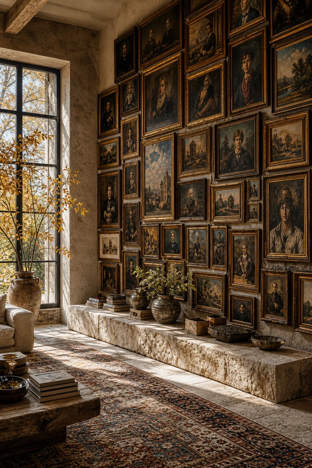 A floor-to-ceiling salon wall of vintage oil paintings grounded by a rough limestone bench.