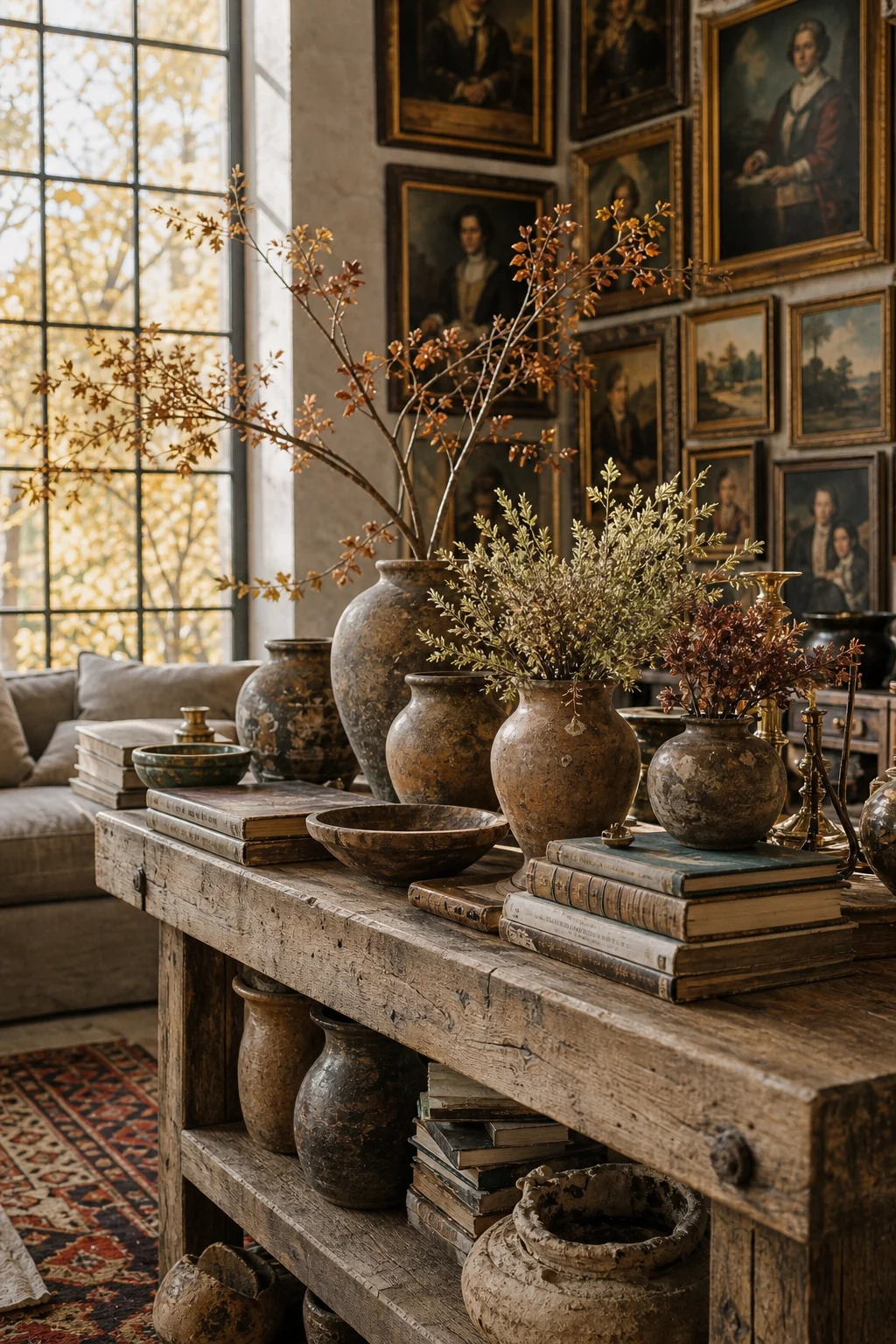 A weathered oak console table holding a densely curated cluster of antique terracotta ceramics.