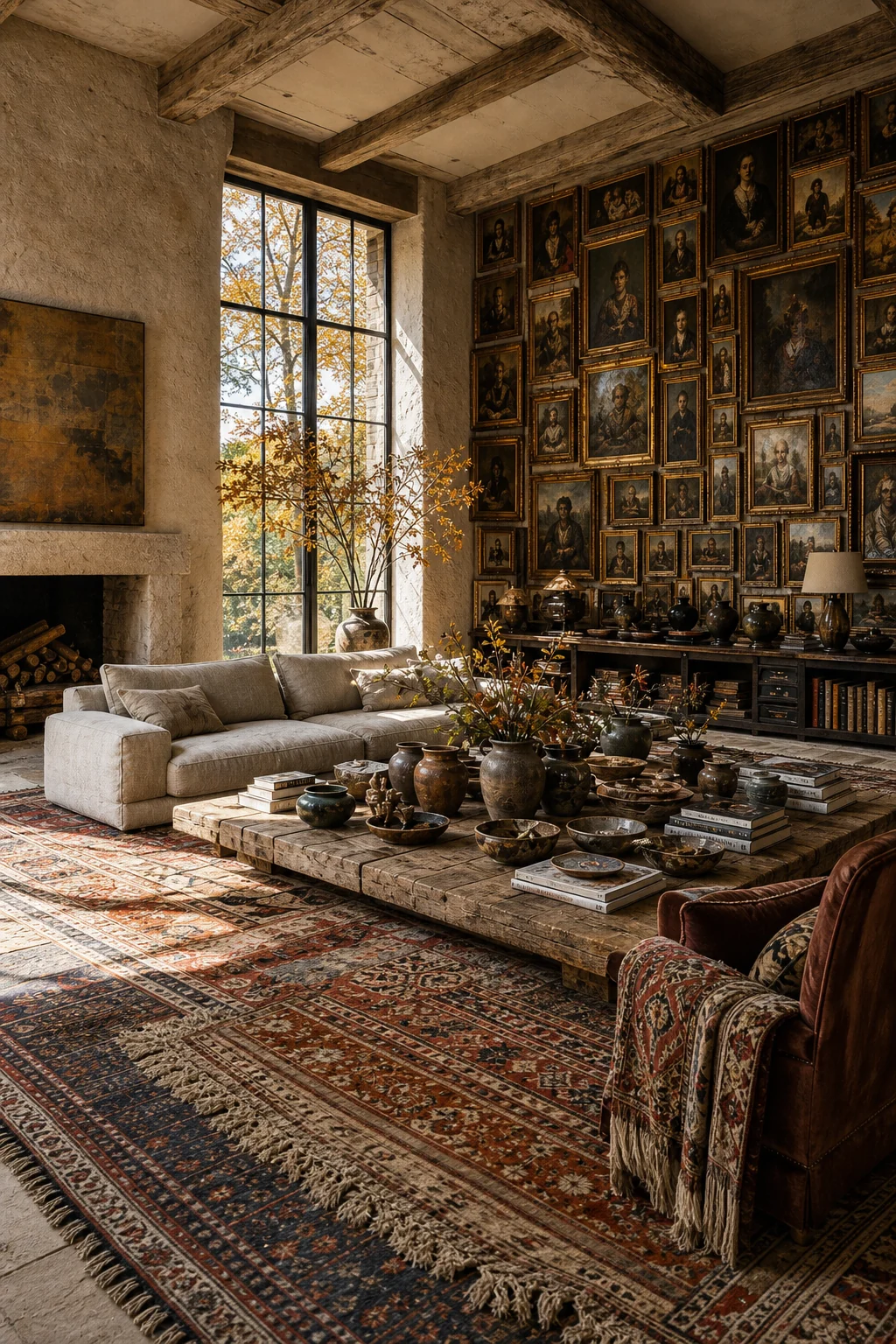A low-profile flax-linen sofa sitting atop densely layered faded Persian and kilim rugs.