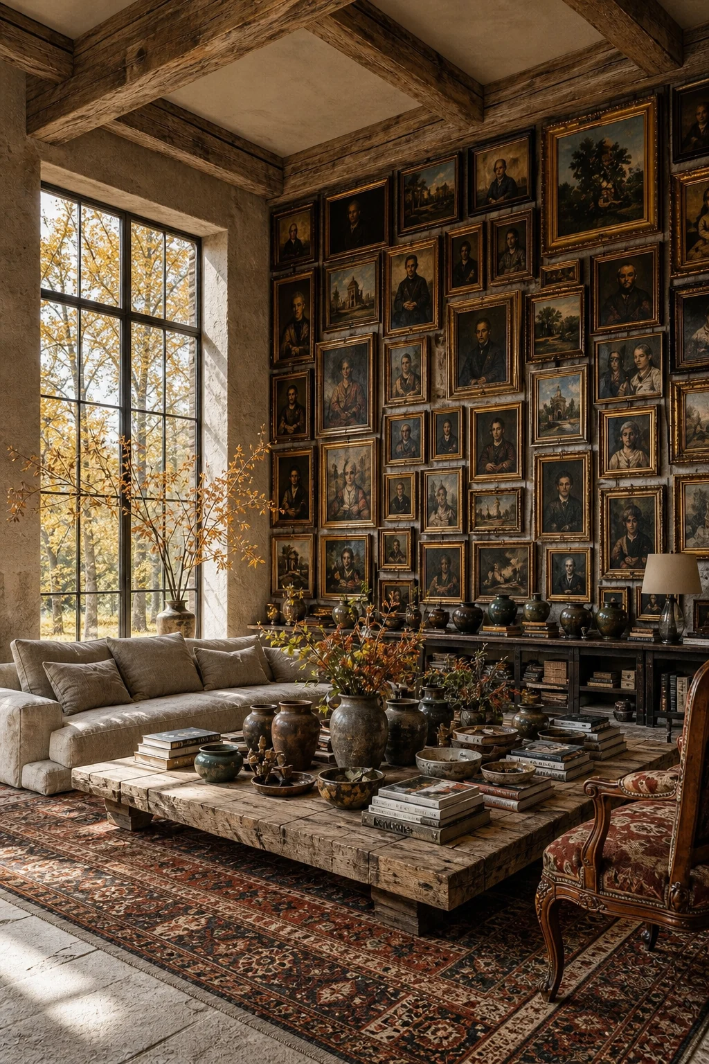 Bright daylight from iron-framed windows illuminating a rough limestone floor and a stack of vintage books.