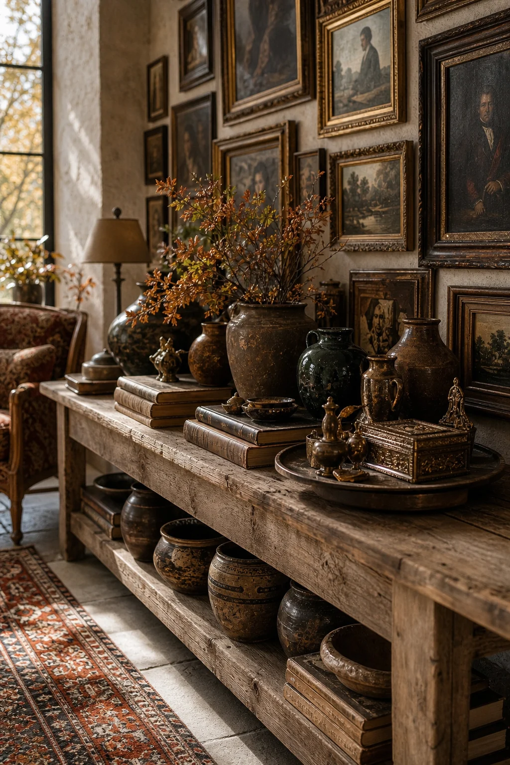 Top-down view of a massive reclaimed wood coffee table overflowing with antique ceramics.