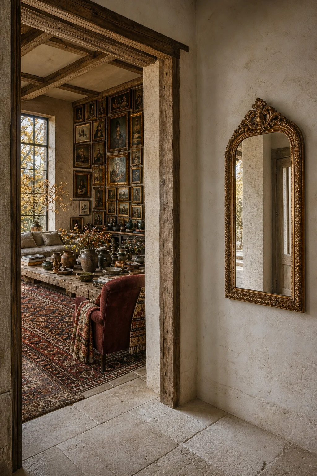 A doorway threshold showing layered living room rugs transitioning into a bare limestone hallway.