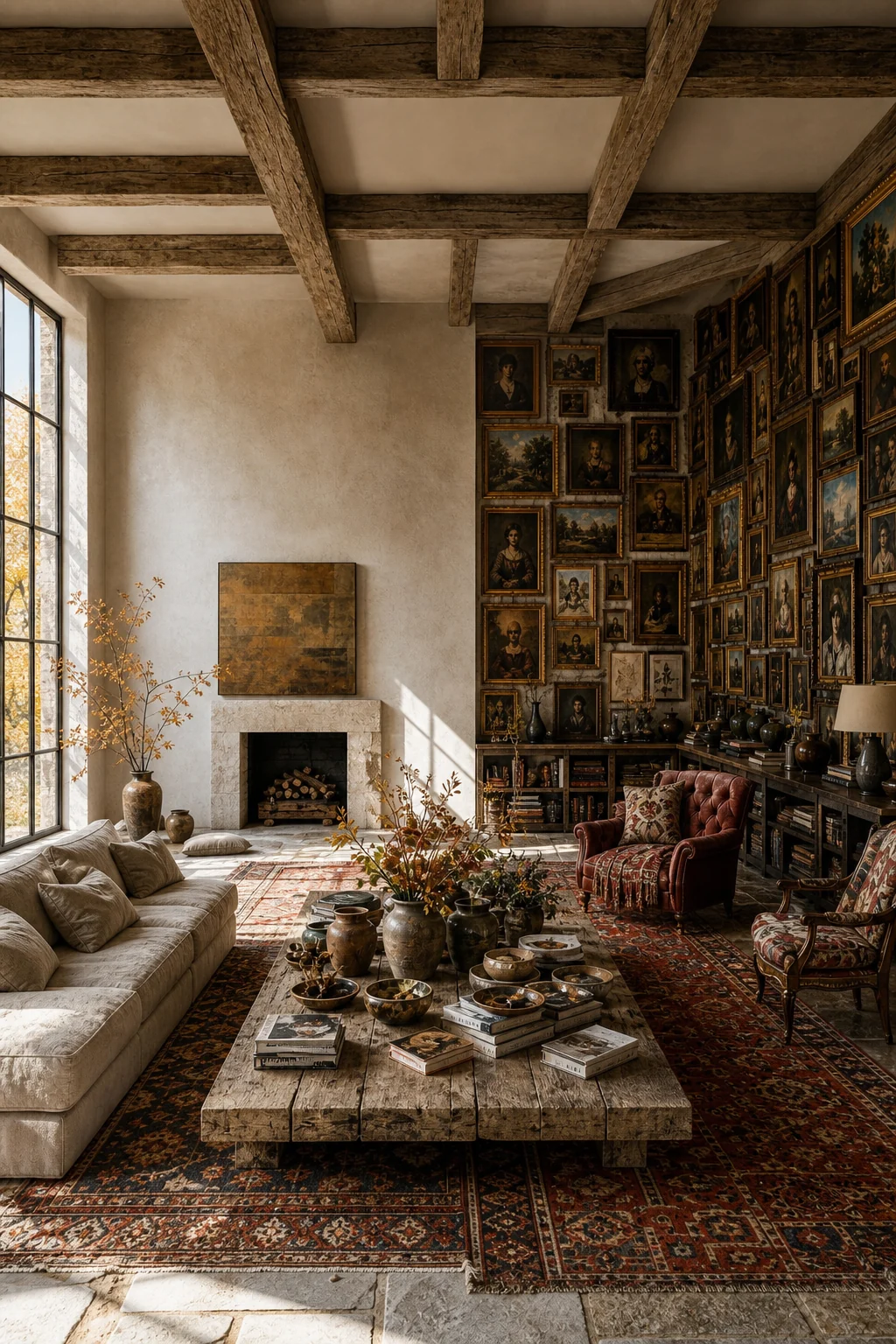 A distinct boundary between a densely packed gallery wall and an adjacent bare plaster wall.