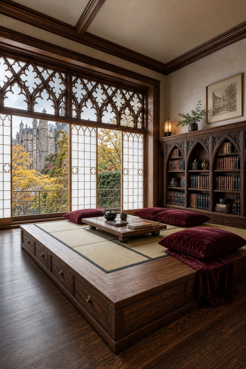 Low angle shot of a Scottish oak platform with tatami mats and burgundy velvet cushions.