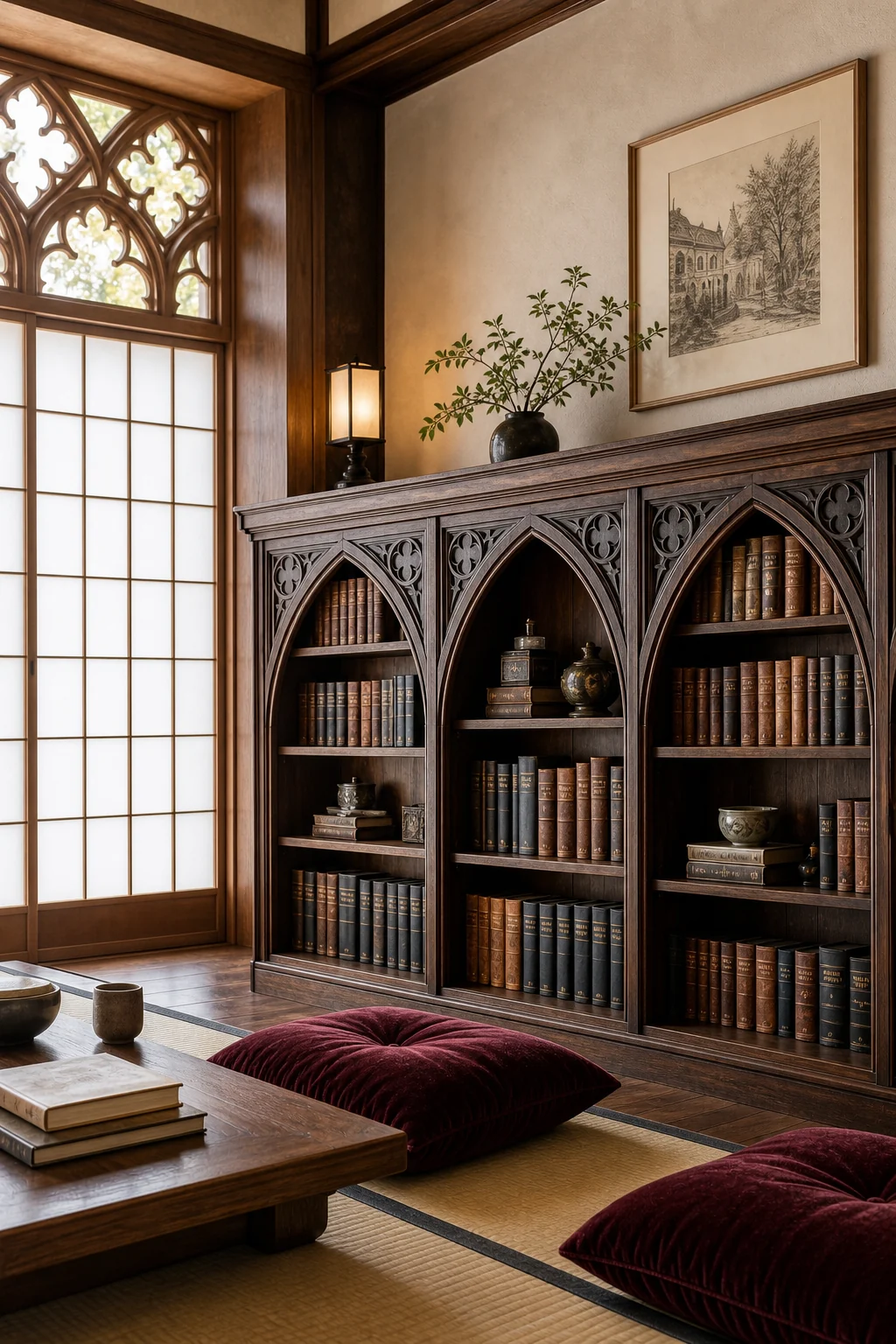 Medium shot of a low dark oak bookcase with pointed lancet arches against a white washi screen.